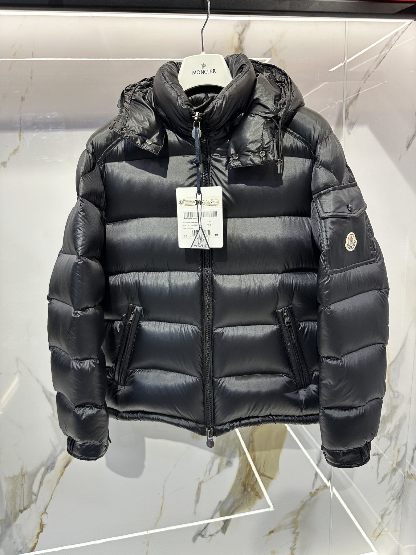 Moncler Black Glossy Hooded Puffer Coat — hang_tag