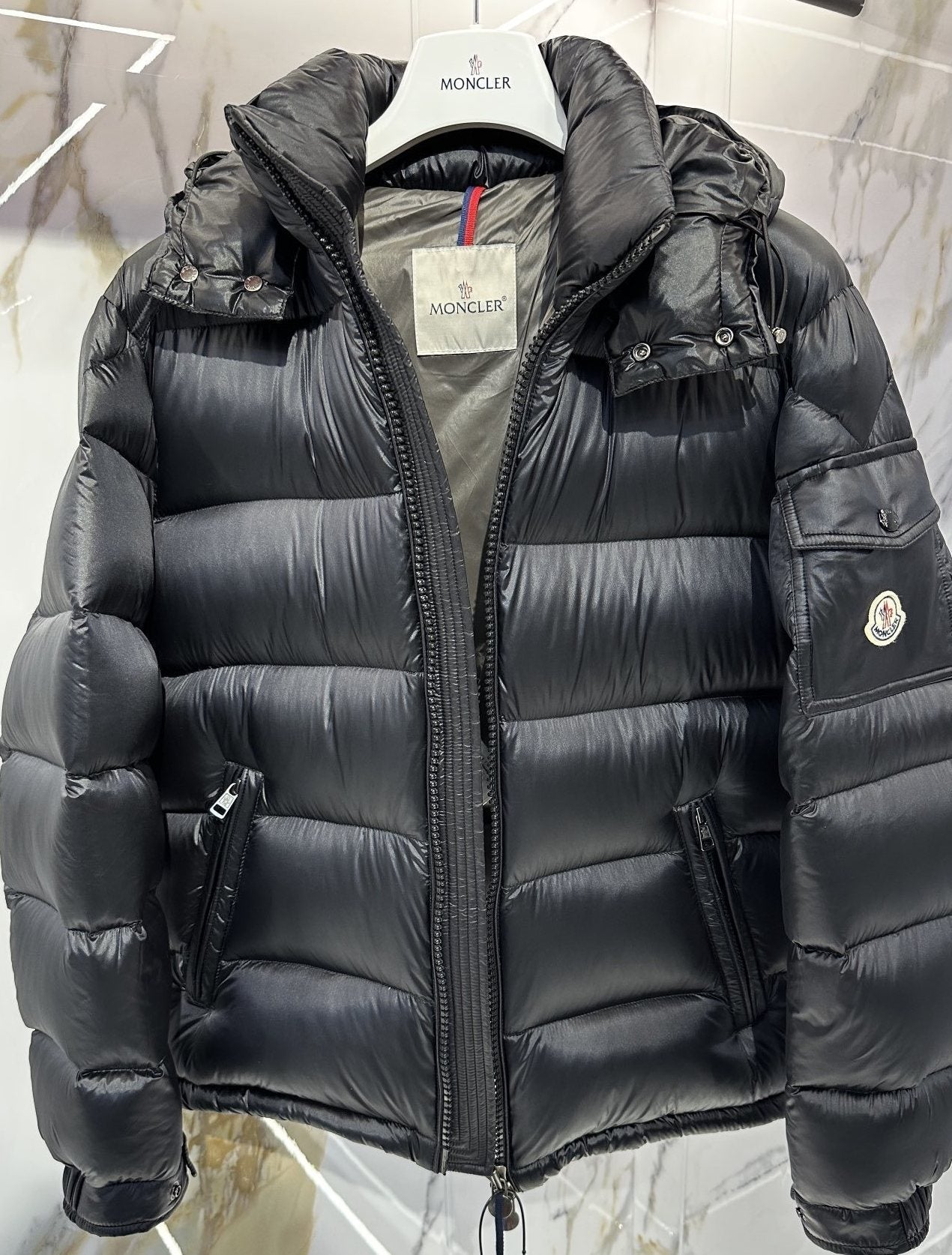 Moncler Black Glossy Hooded Puffer Coat — hero