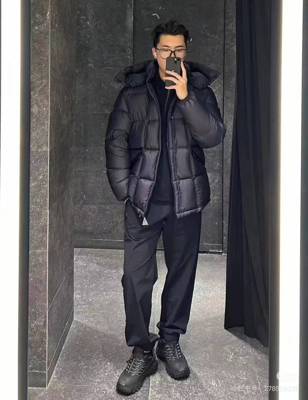 Moncler Black Quilted Hooded Puffer Coat — context