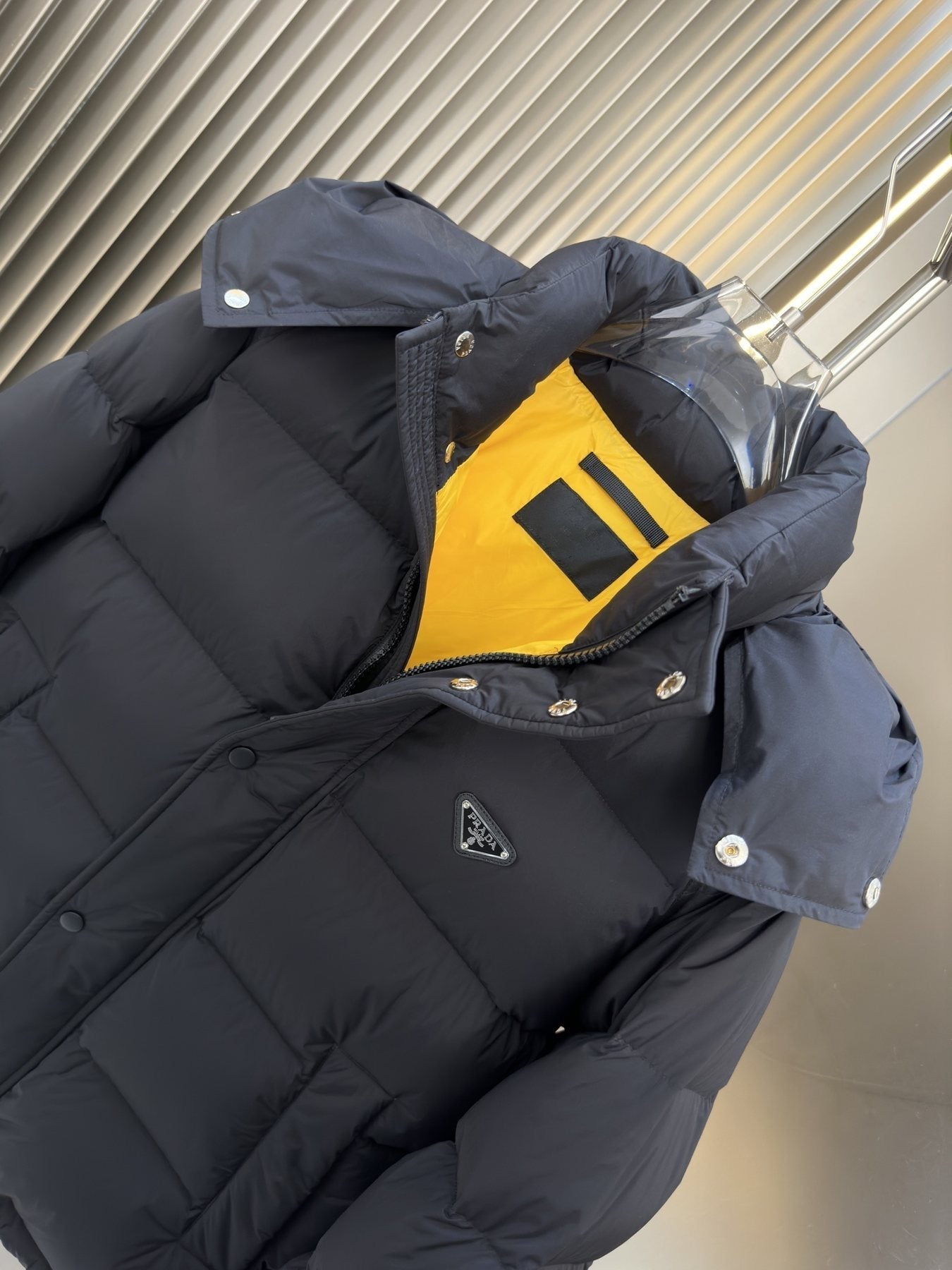 Prada Navy Hooded Puffer Jacket — detail