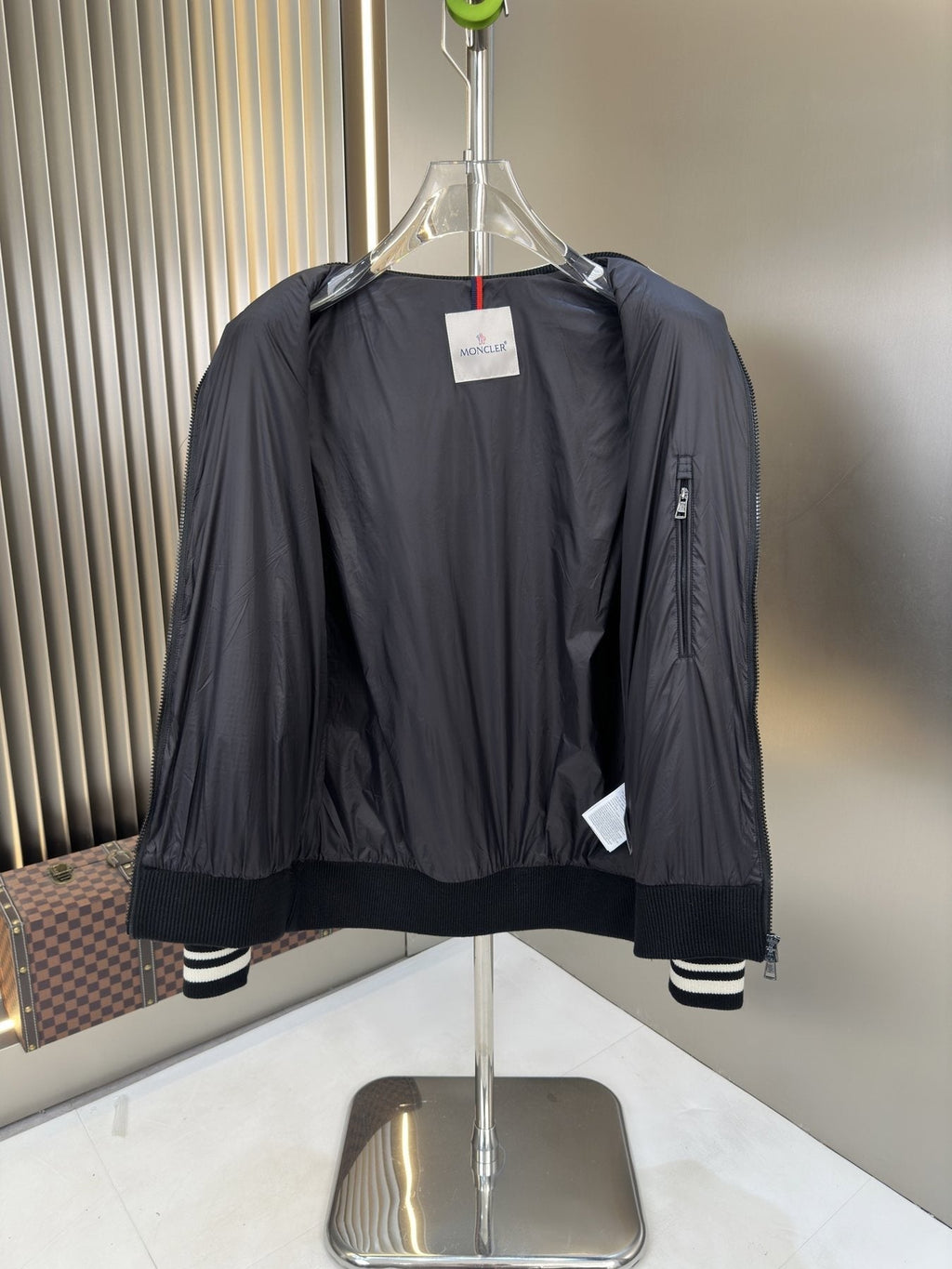 Moncler Black Striped-Trim Bomber Jacket — detail