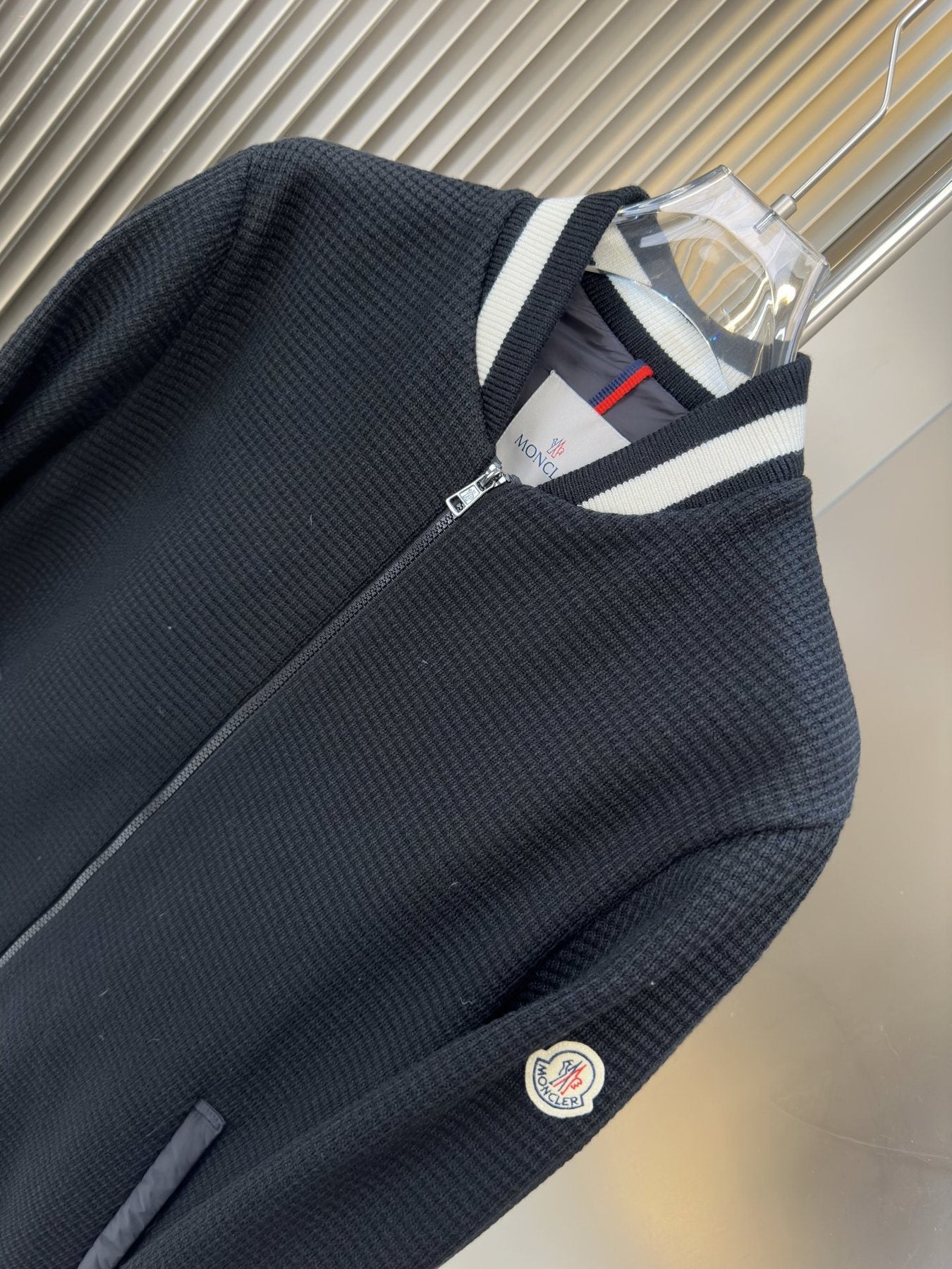 Moncler Black Striped-Trim Bomber Jacket — fabric_closeup