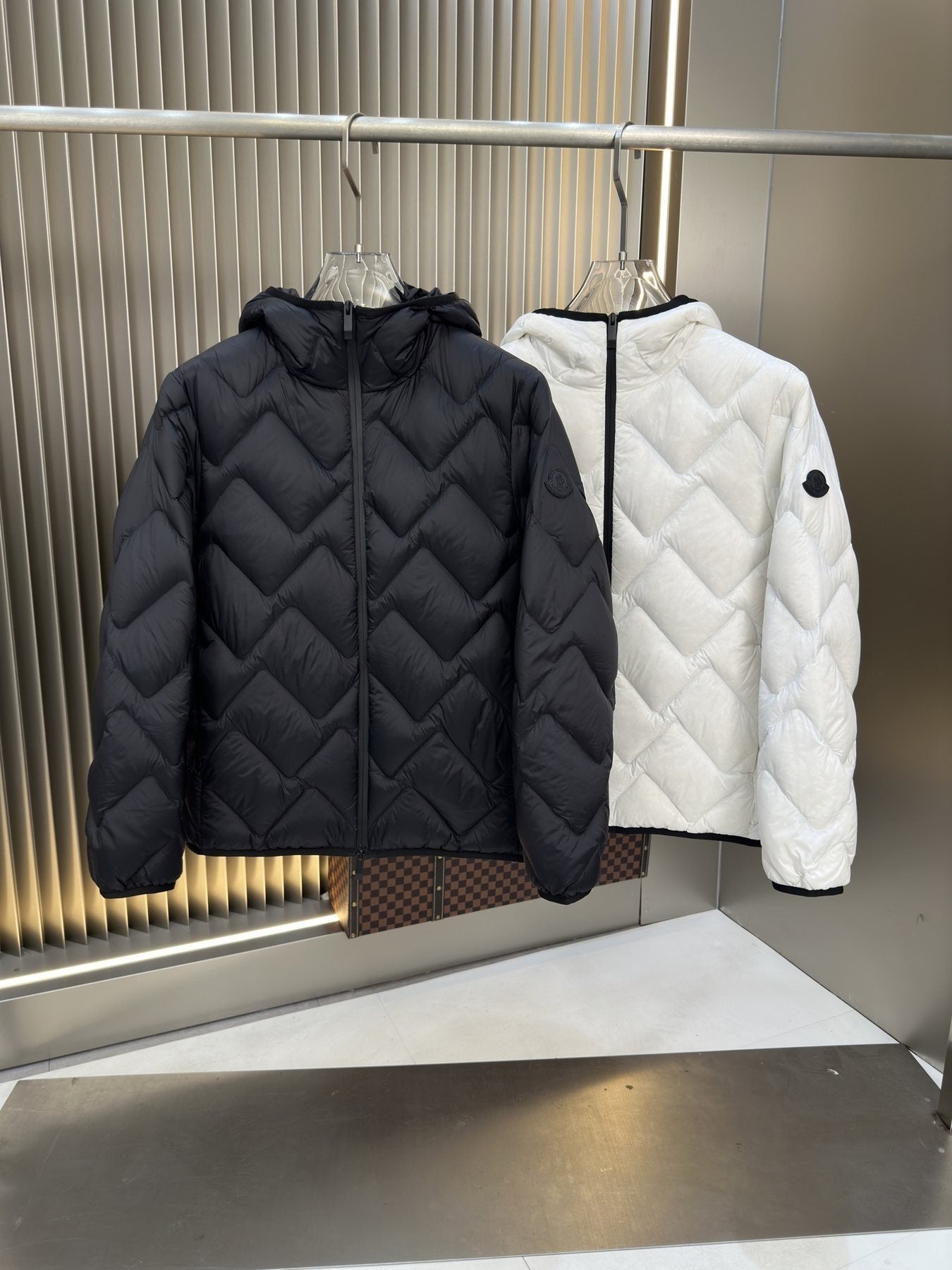 Moncler Chevron-Quilted Hooded Puffer Coat — comparison