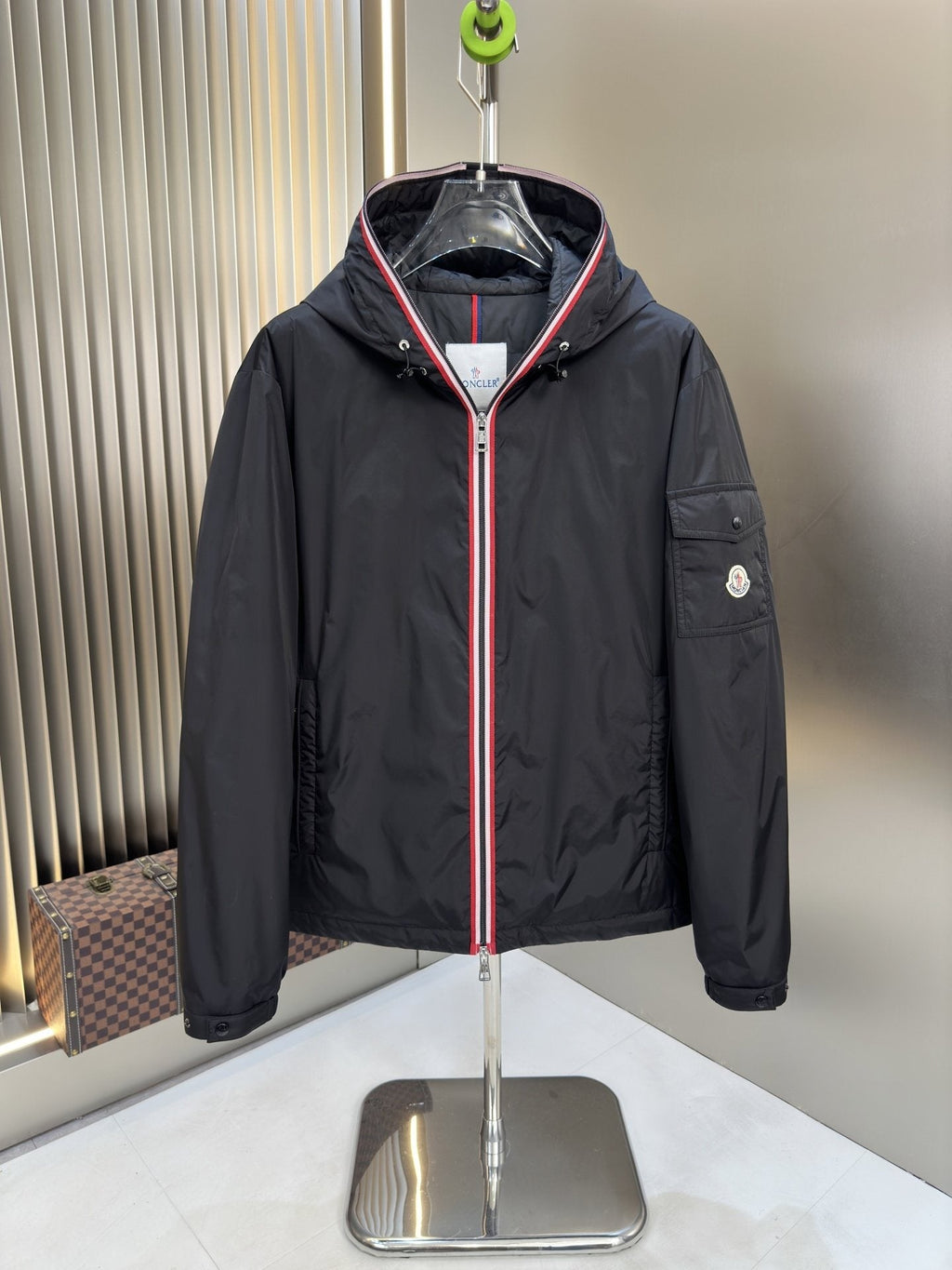 Moncler Black Hooded Contrast Zip Coat — hero