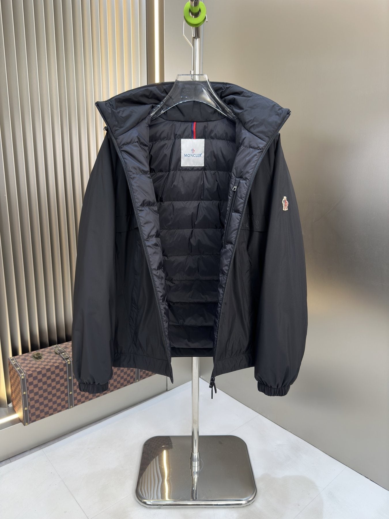 Moncler Black Hooded Puffer Coat — detail