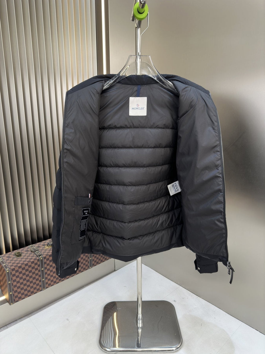 Moncler Quilted Puffer Coat with Sleeve Badge — neck_label