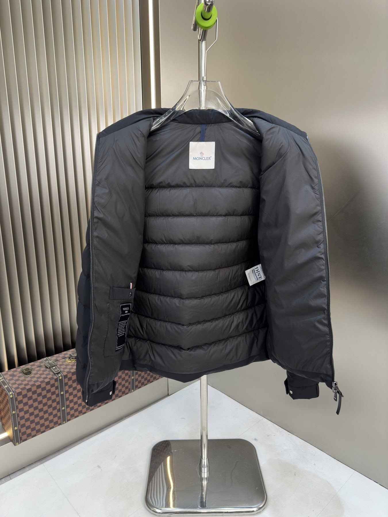 Moncler Quilted Puffer Coat with Sleeve Badge — neck_label