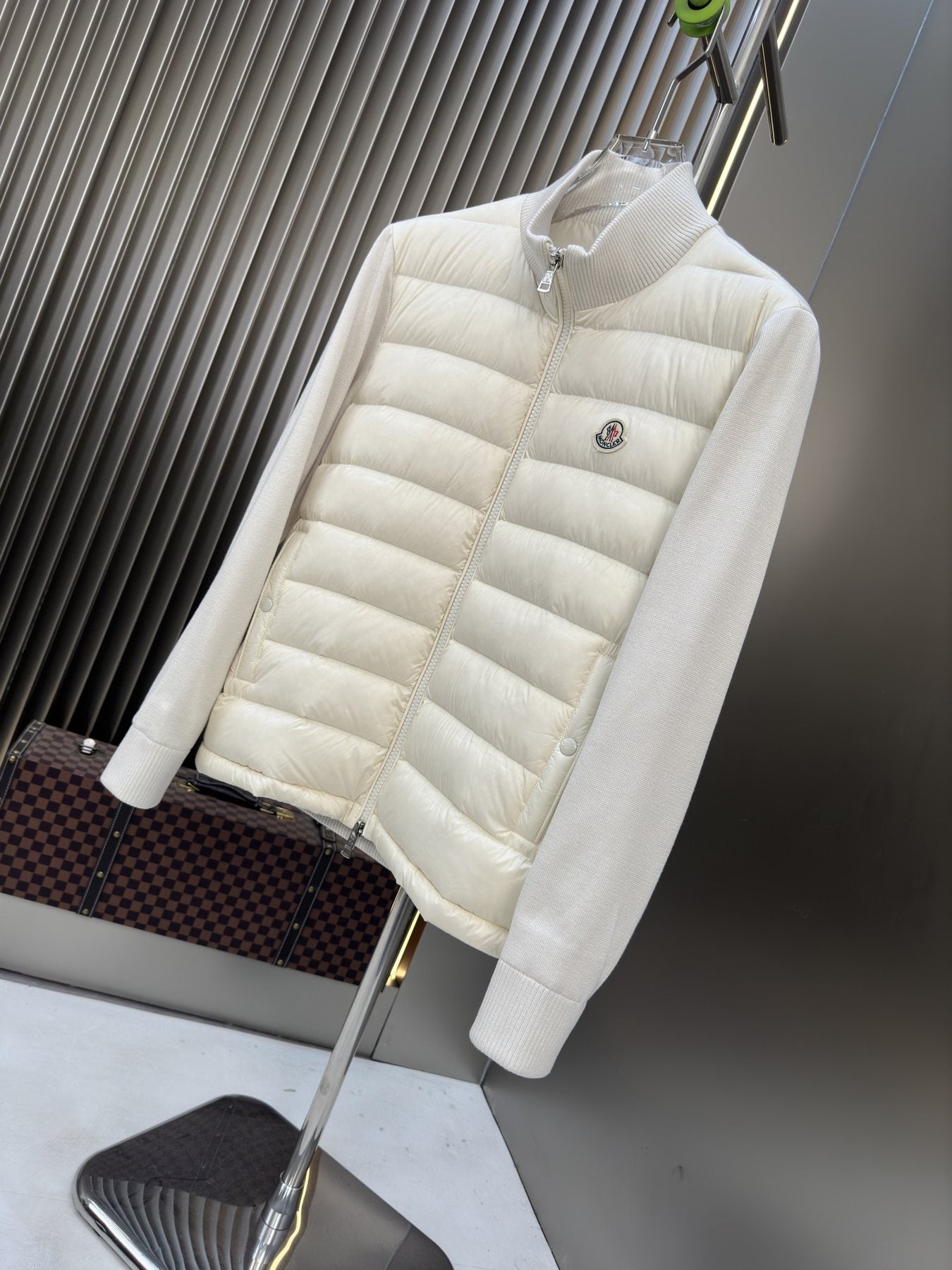 Moncler Quilted Knit-Sleeve Zip Jacket — detail