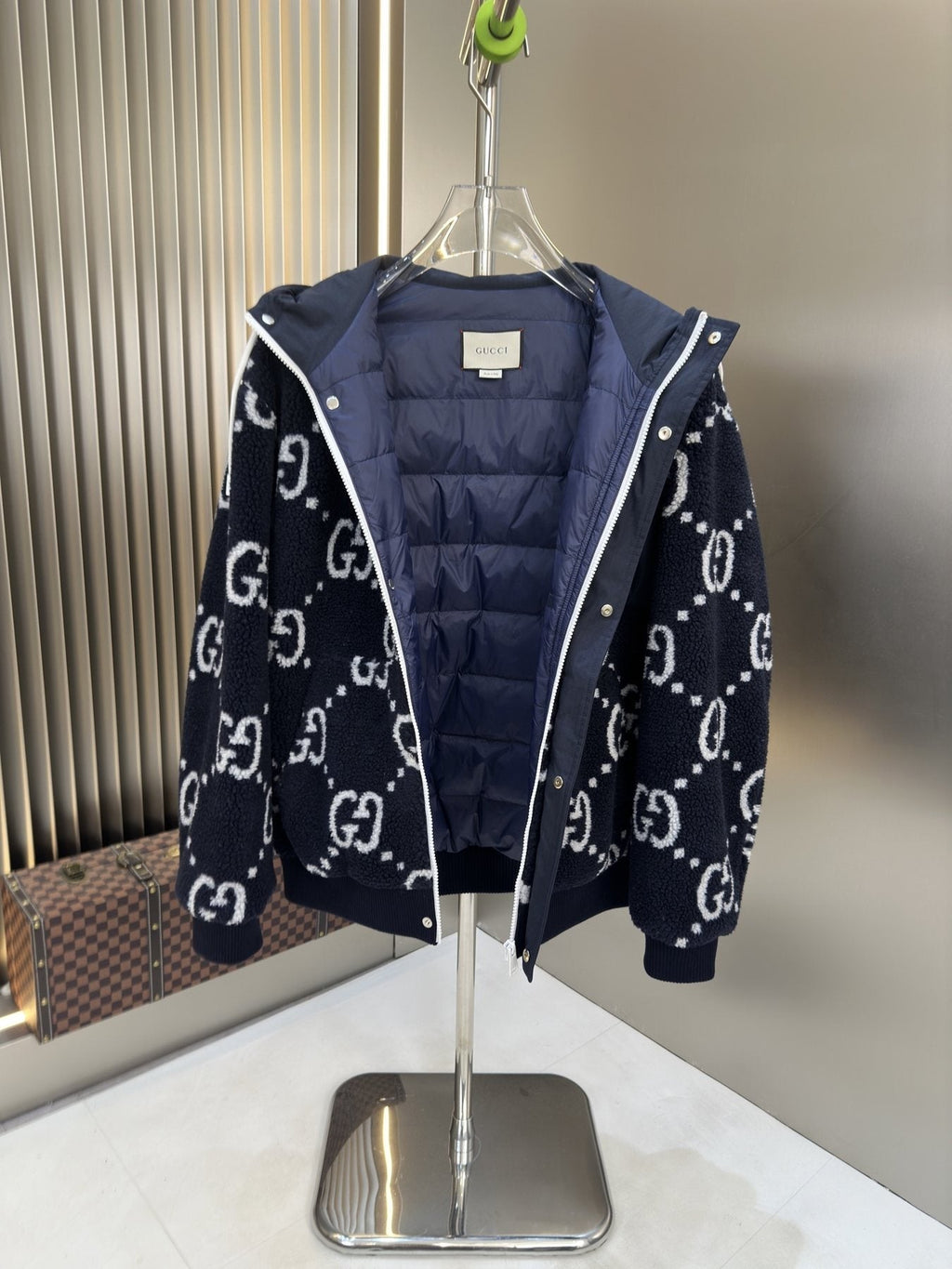 Gucci Navy Hooded Monogram Puffer Jacket — front