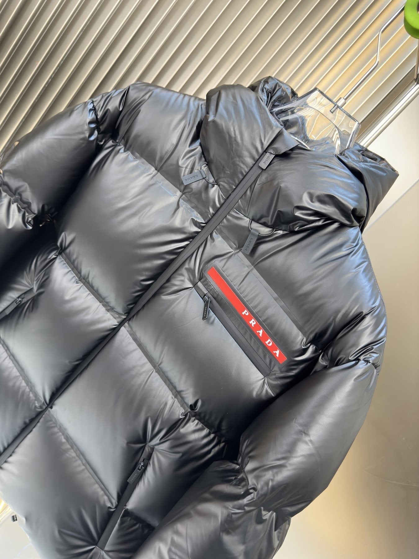 Prada Black Hooded Quilted Puffer Jacket — detail