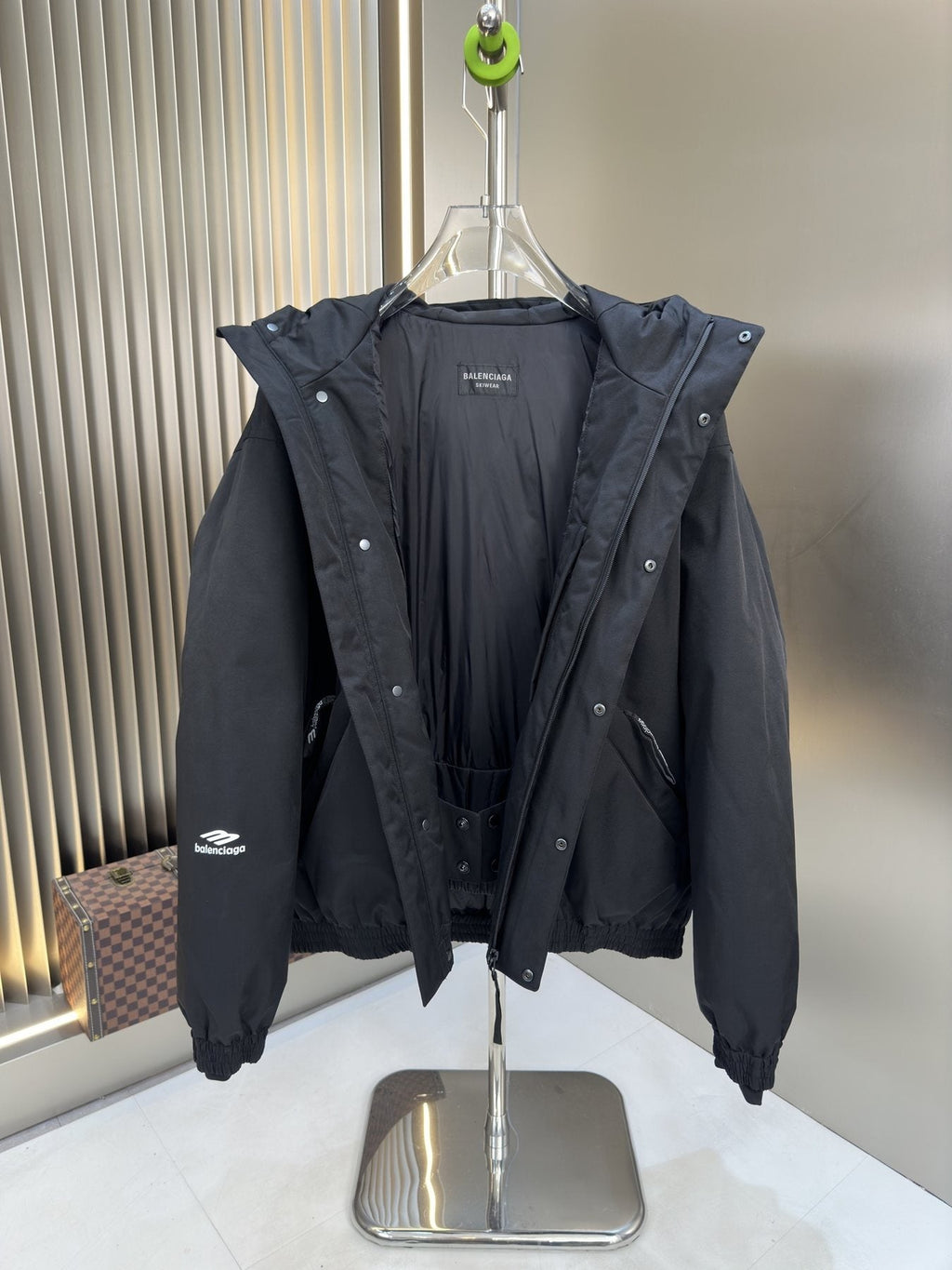 Balenciaga Black Hooded Insulated Zip-Front Coat — front