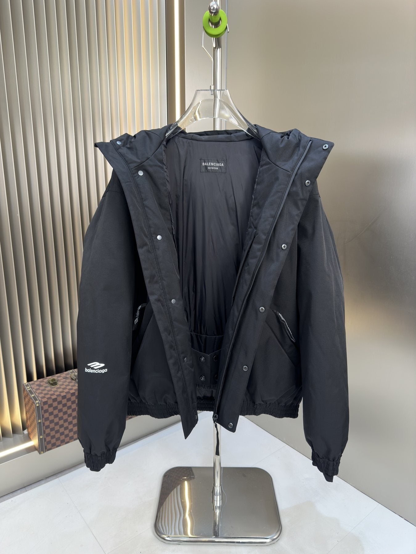 Balenciaga Black Hooded Insulated Zip-Front Coat — front