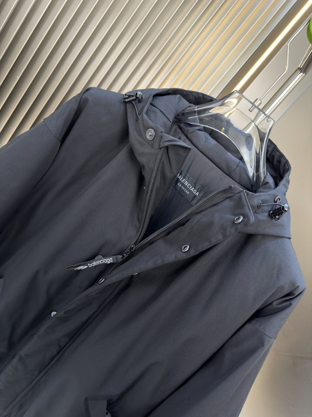 Balenciaga Black Hooded Insulated Zip-Front Coat — detail