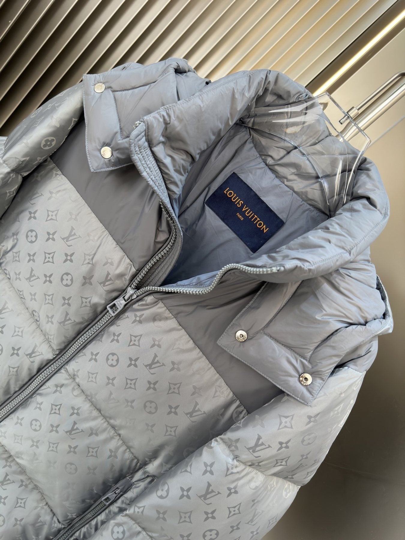 LV Hooded Tonal Monogram Puffer Coat — fabric_closeup