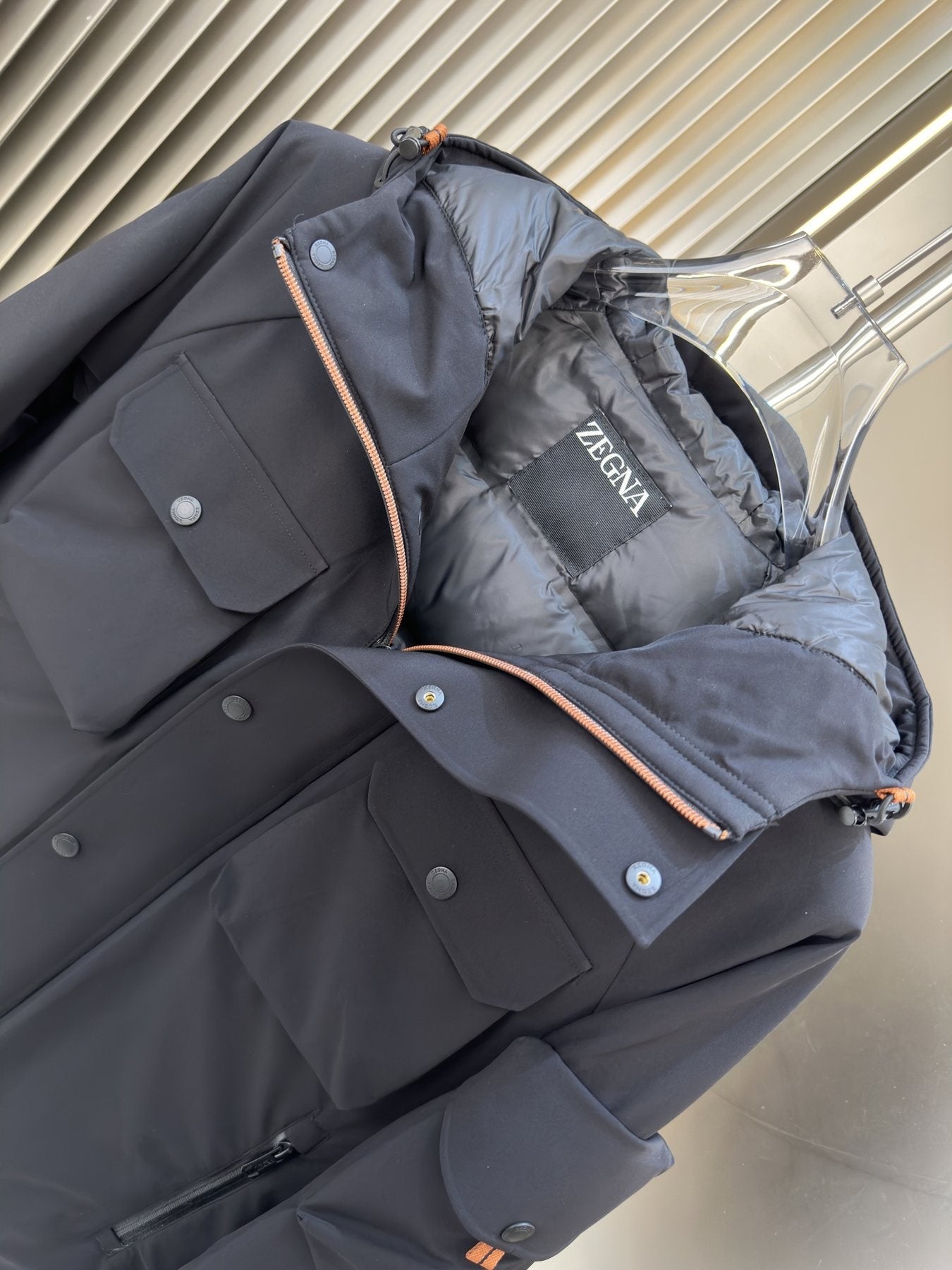 Zegna Hooded Utility Coat with Orange Trim — detail