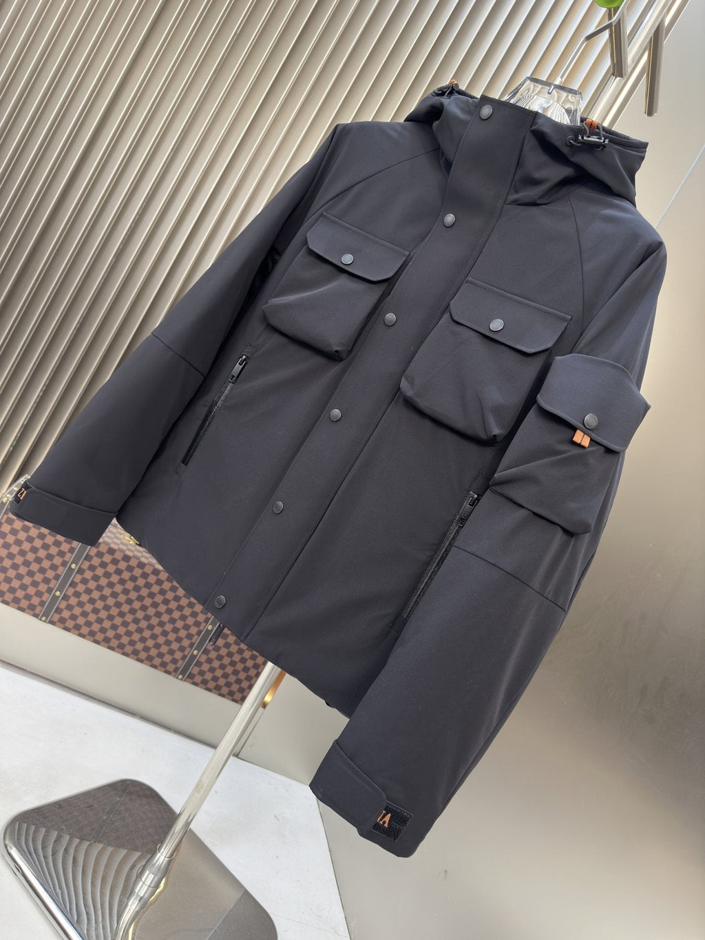 Zegna Hooded Utility Coat with Orange Trim — front