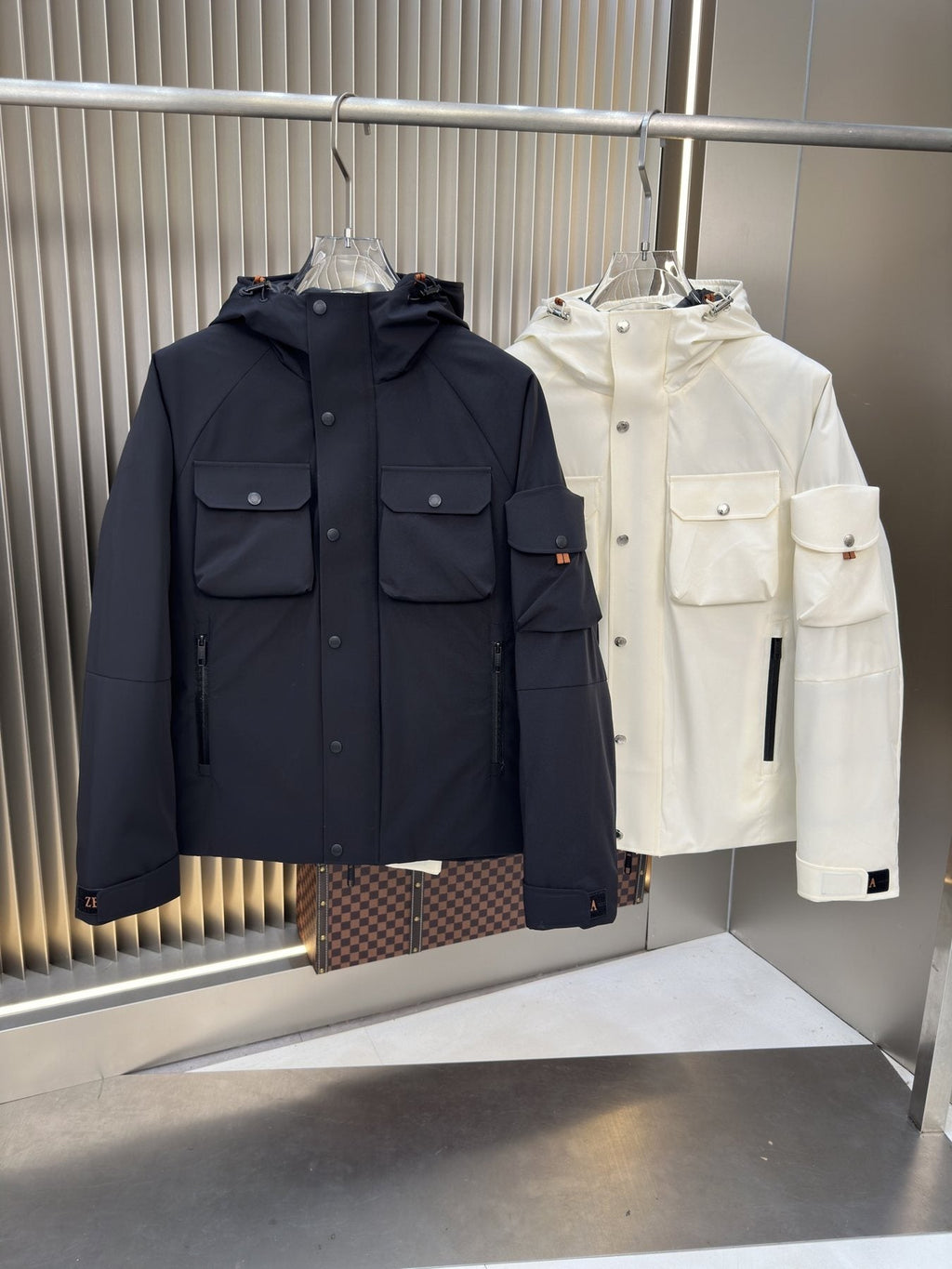 Zegna Hooded Utility Coat with Orange Trim — comparison