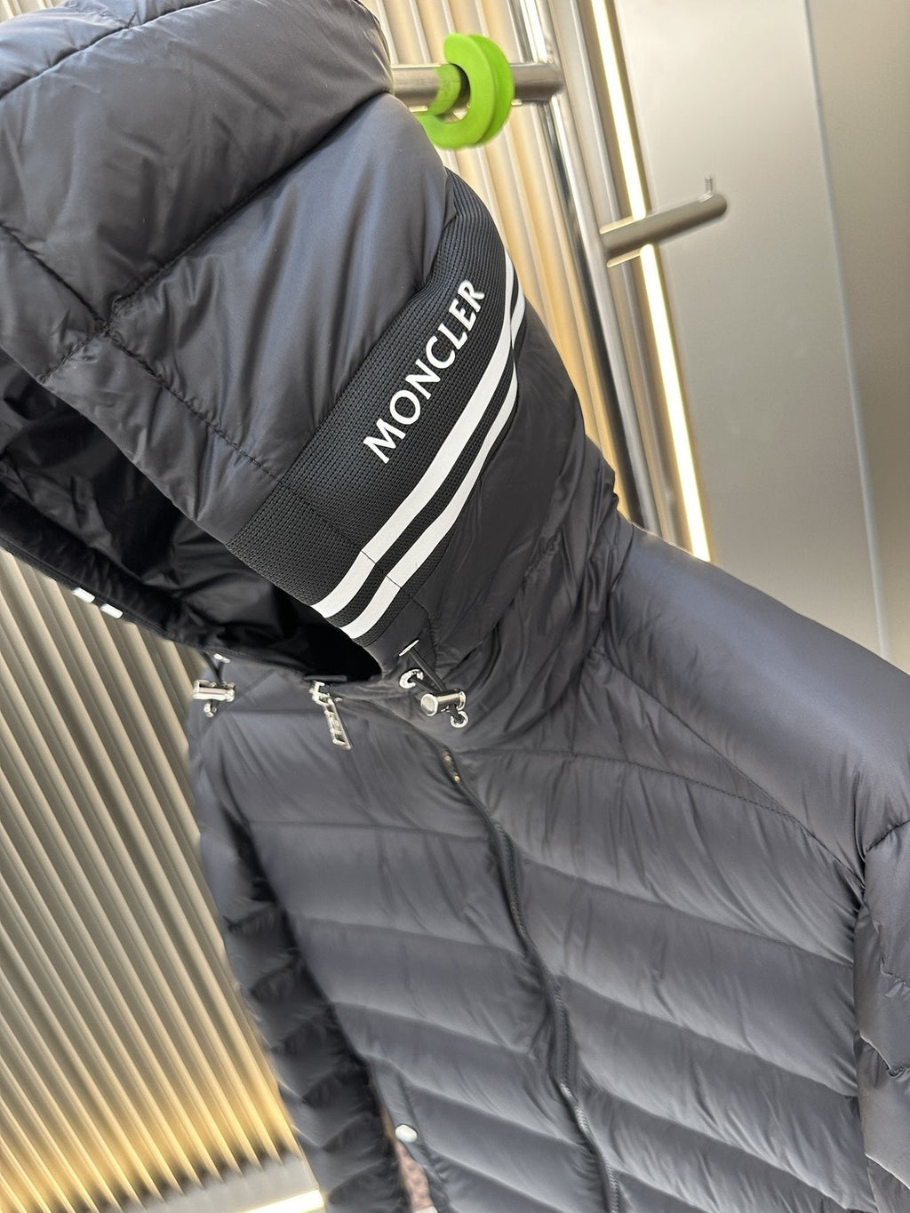 Moncler Black Hooded Quilted Puffer Coat — detail