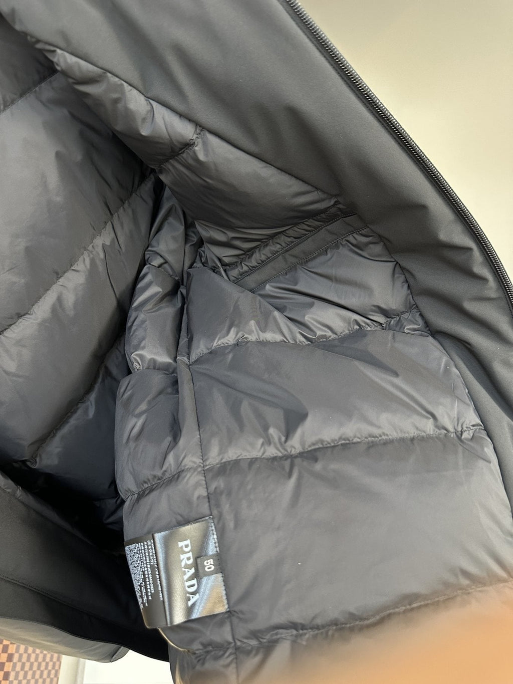 Prada Dark Grey Hooded Puffer Jacket — neck_label