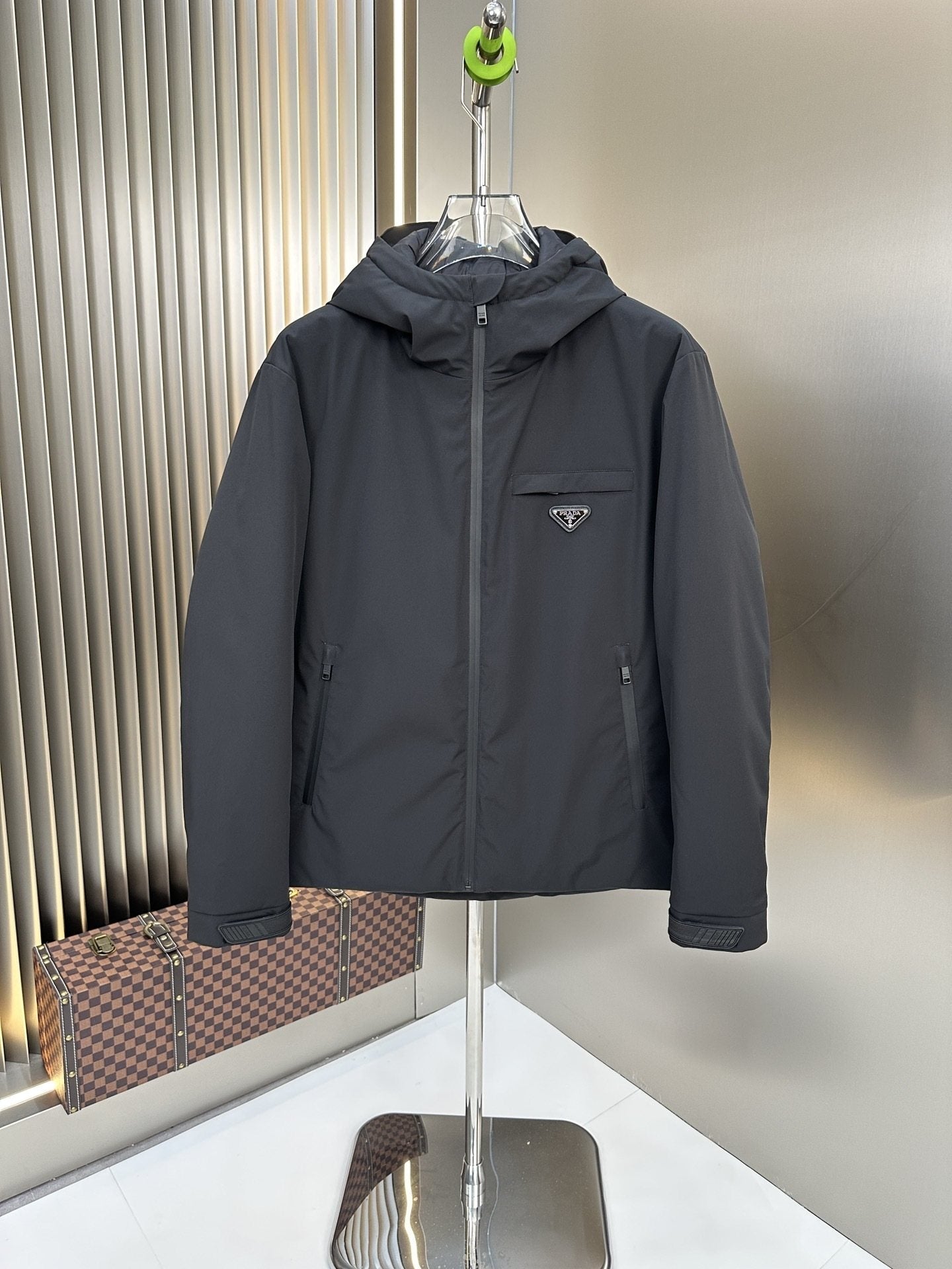 Prada Dark Grey Hooded Puffer Jacket — hero