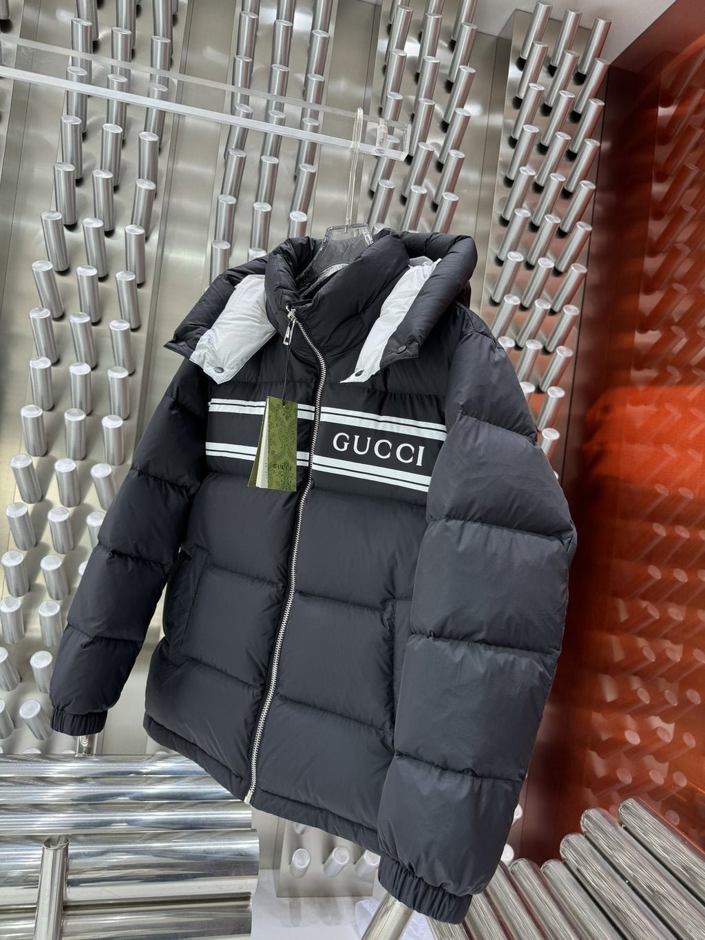Gucci Hooded Striped Panel Puffer Jacket — front