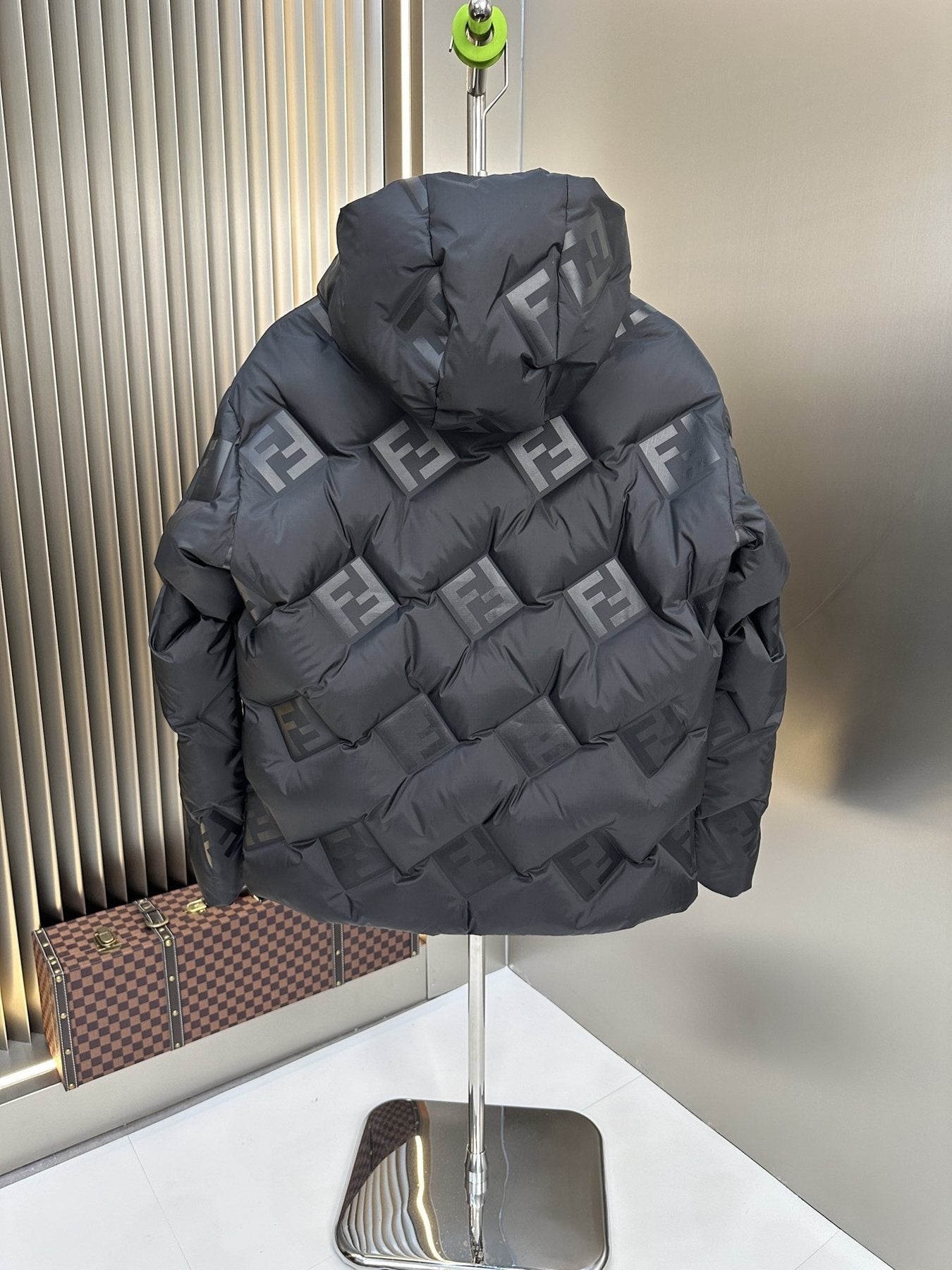 Fendi Black Hooded Tonal Geometric Puffer Jacket — back