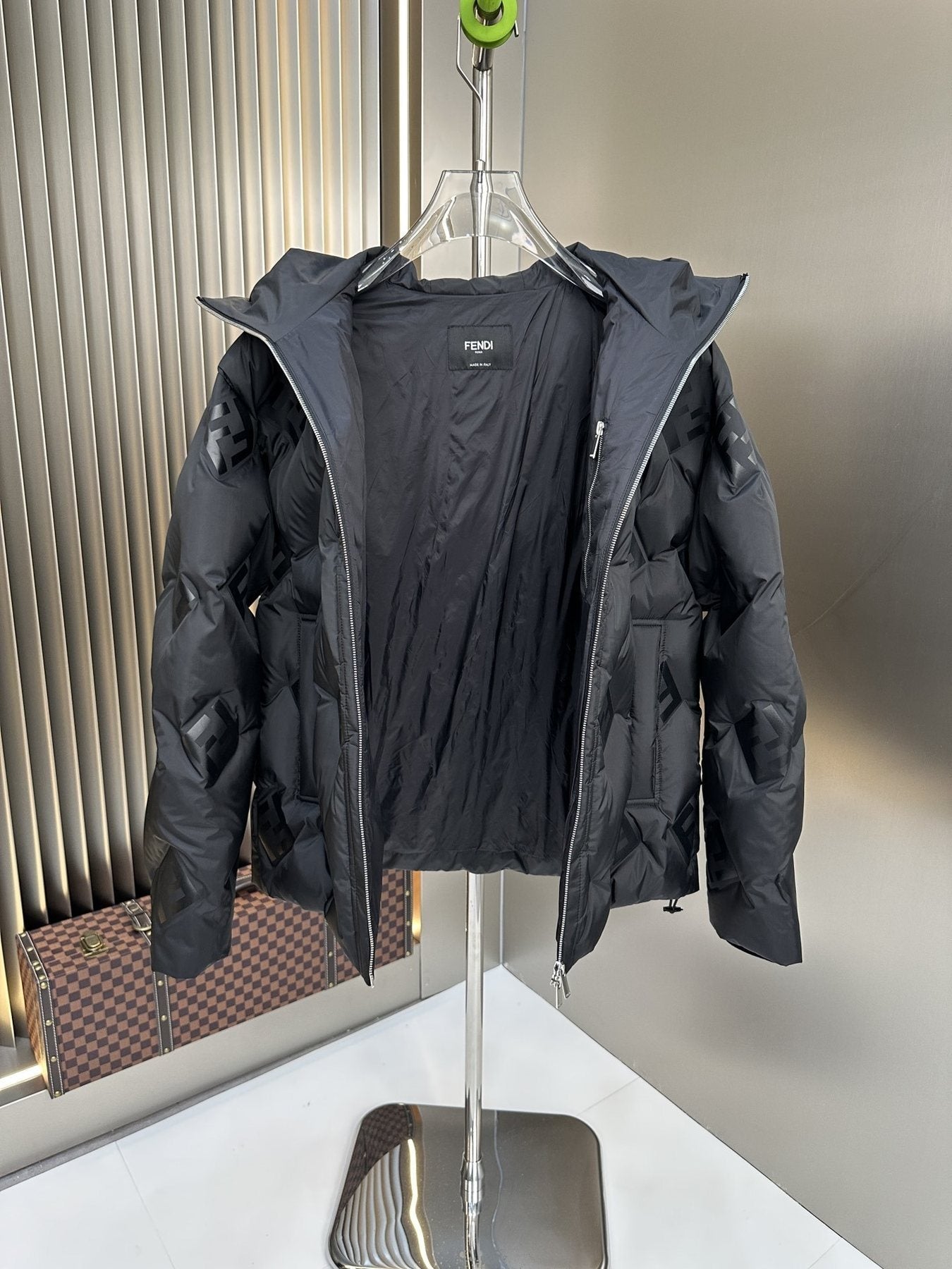 Fendi Black Hooded Tonal Geometric Puffer Jacket — detail