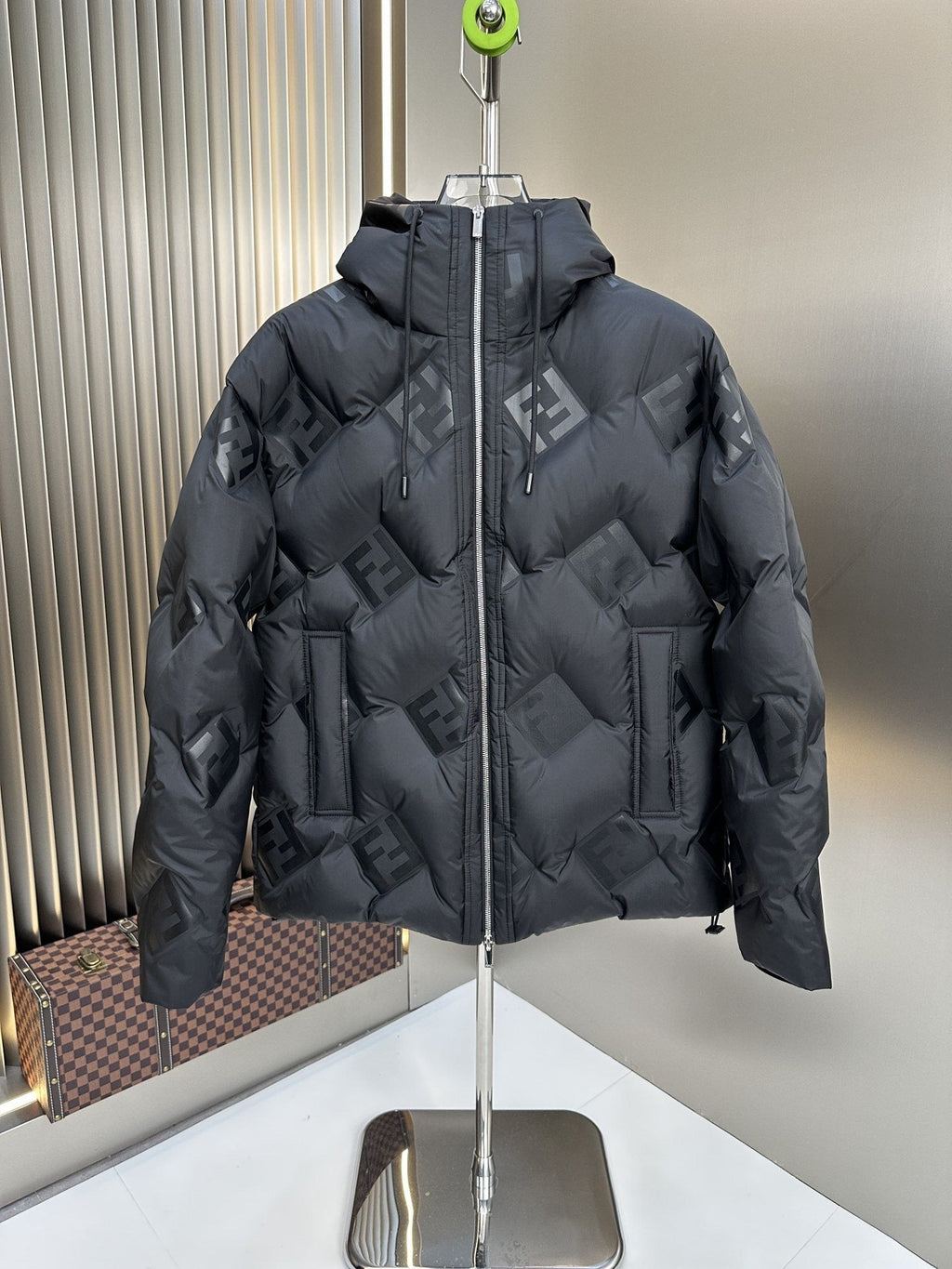 Fendi Black Hooded Tonal Geometric Puffer Jacket — hero