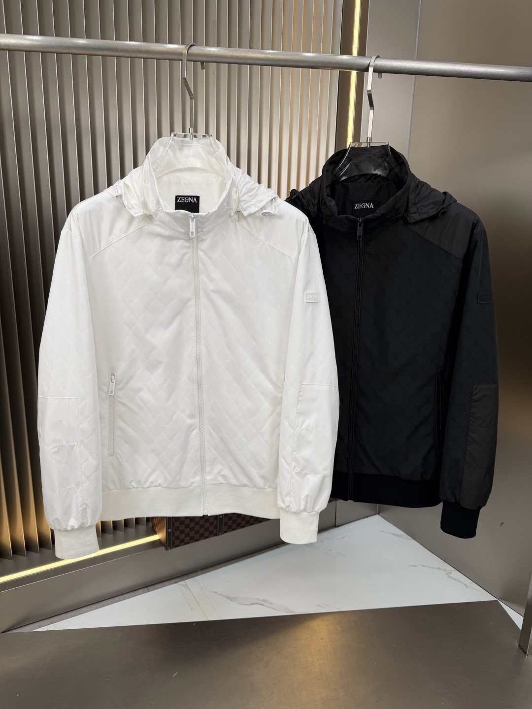Zegna Hooded Tonal Pattern Zip Jacket — comparison