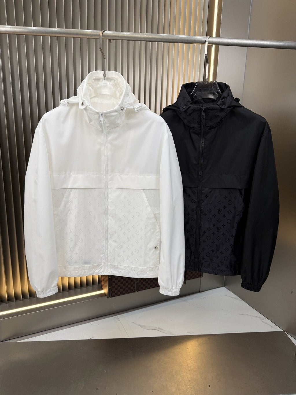 LV Hooded Monogram-Panel Zip-Front Jacket — comparison