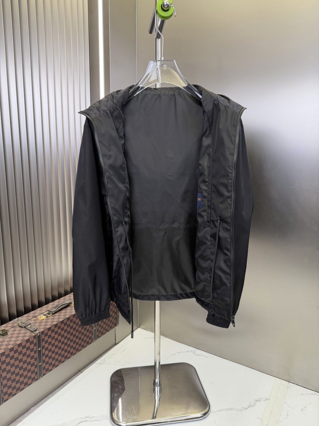 LV Hooded Monogram-Panel Zip-Front Jacket — detail