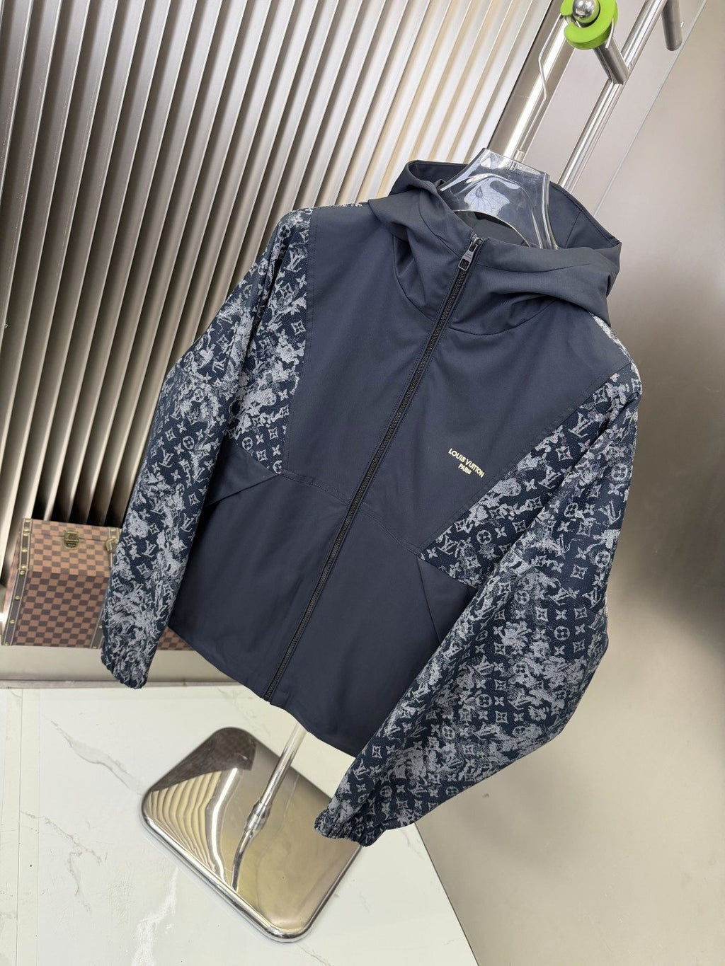 2026 Original Jacket Navy Blue Hooded Zip Jacket with Patterned Panels — front