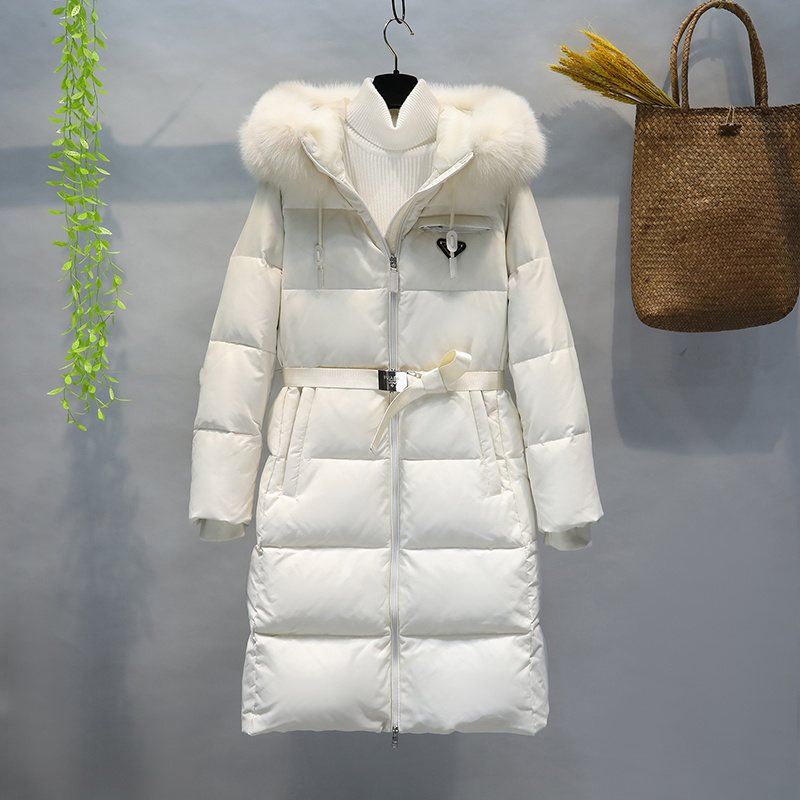 Prada Belted Fur-Trim Hood Long Down Jacket — front