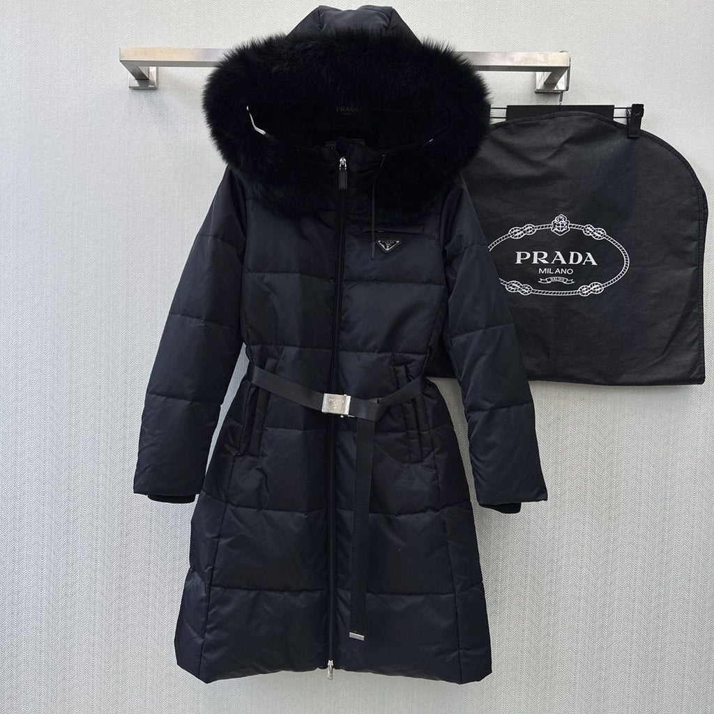Prada Belted Fur-Trim Hood Long Down Jacket — hero