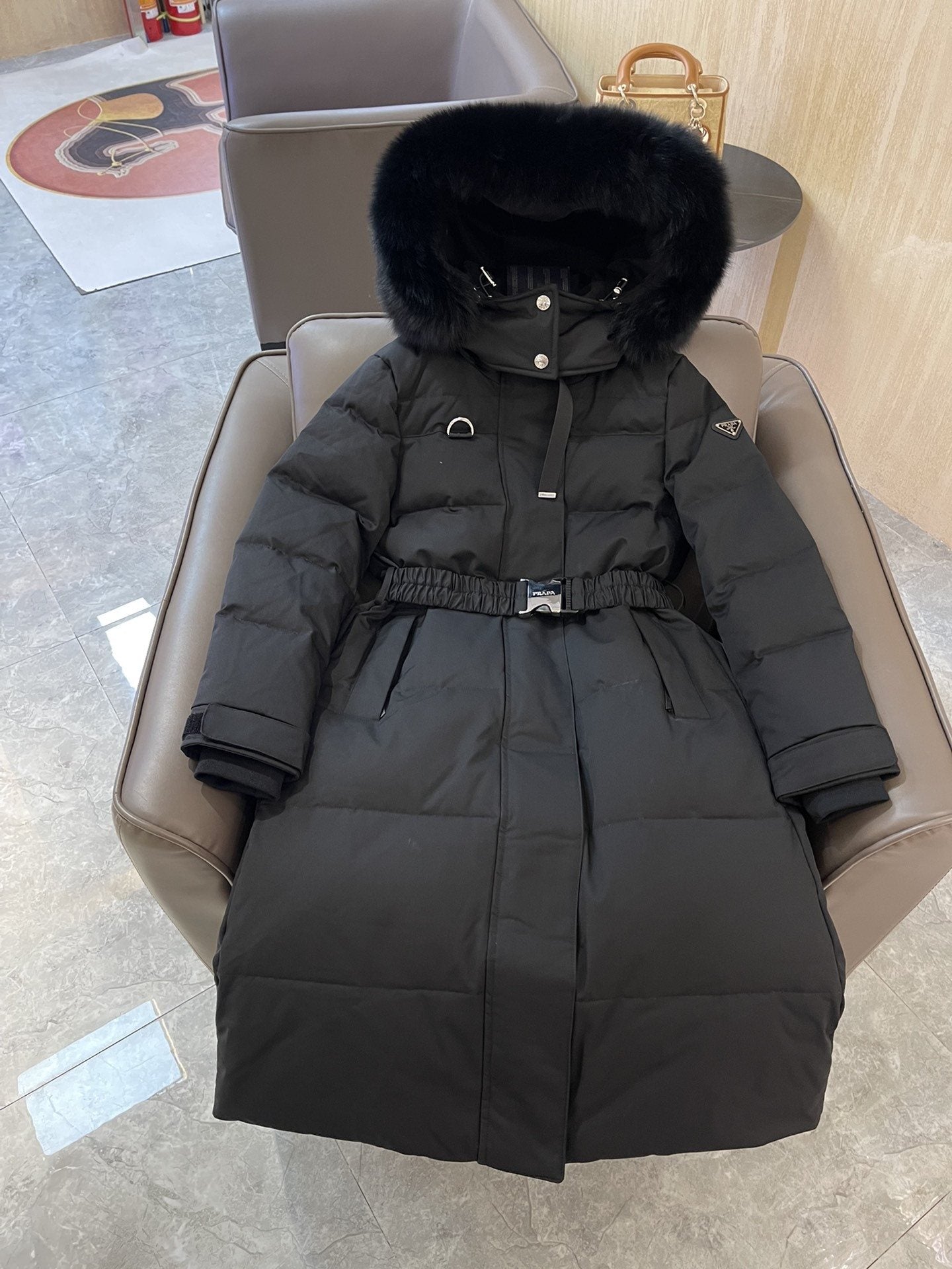 Prada Belted Fur-Trim Hood Long Down Jacket — hero
