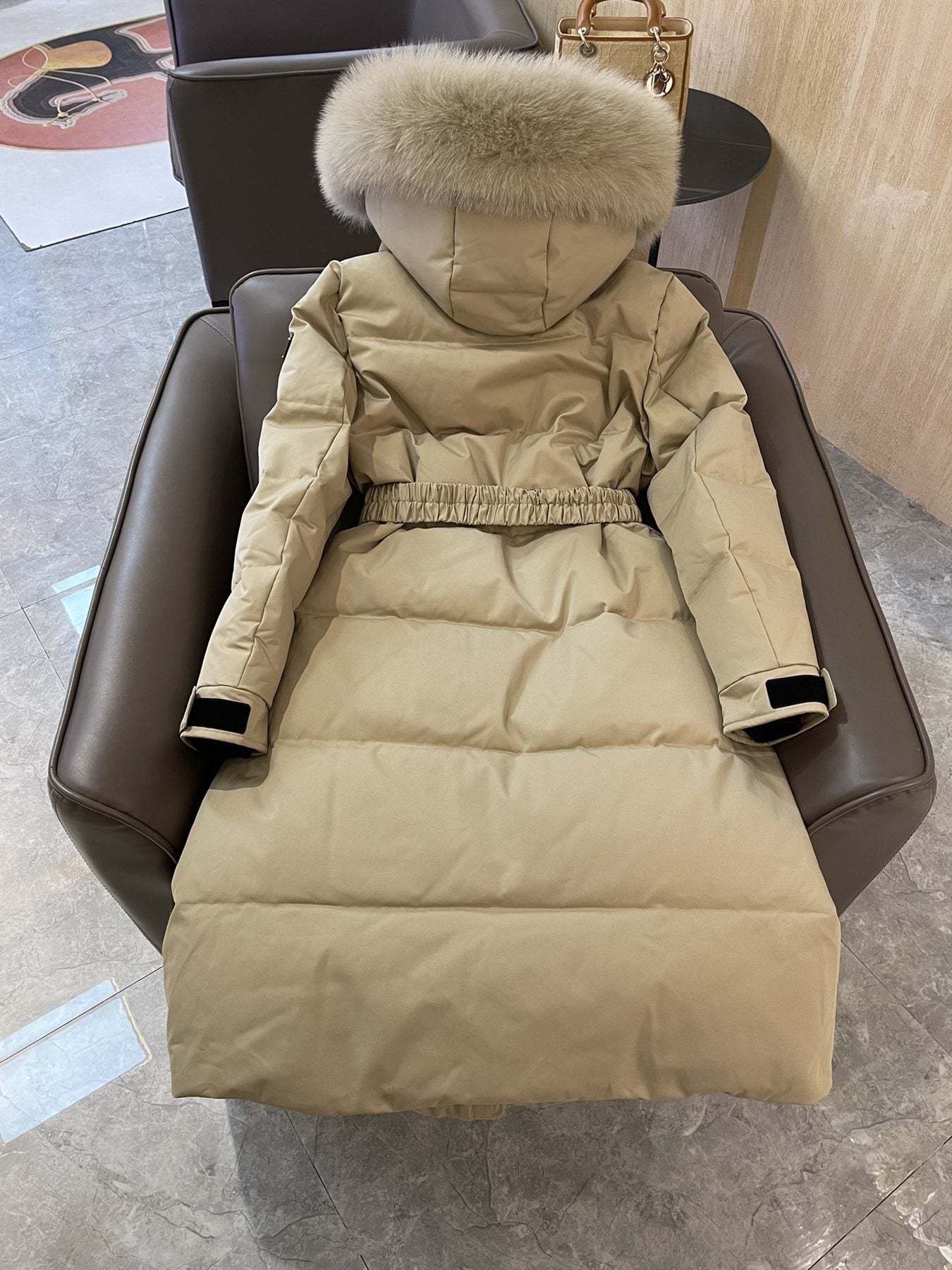 Prada Belted Fur-Trim Hood Long Down Jacket — back
