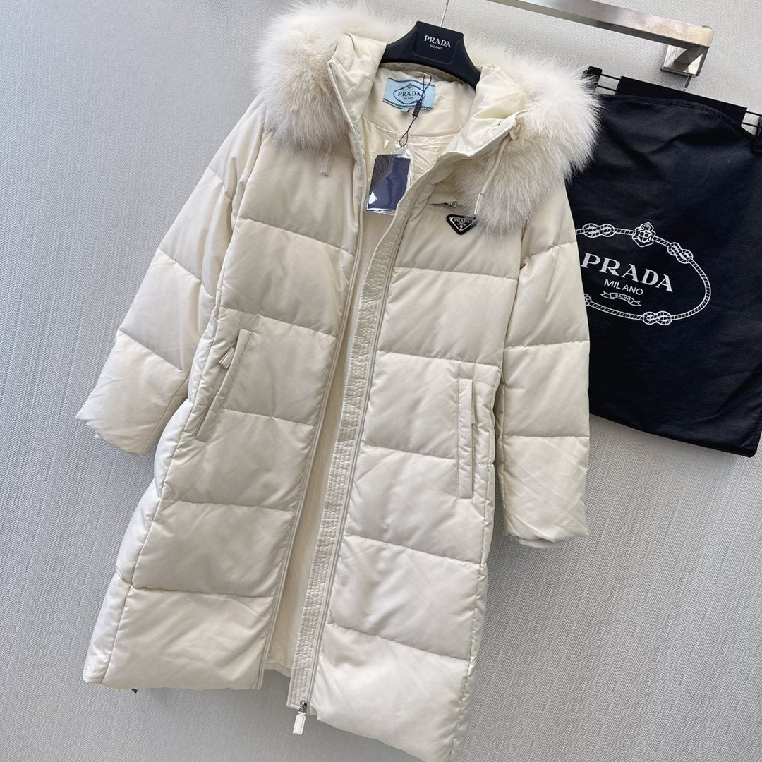 Prada Belted Fur-Trim Hood Long Down Jacket — detail