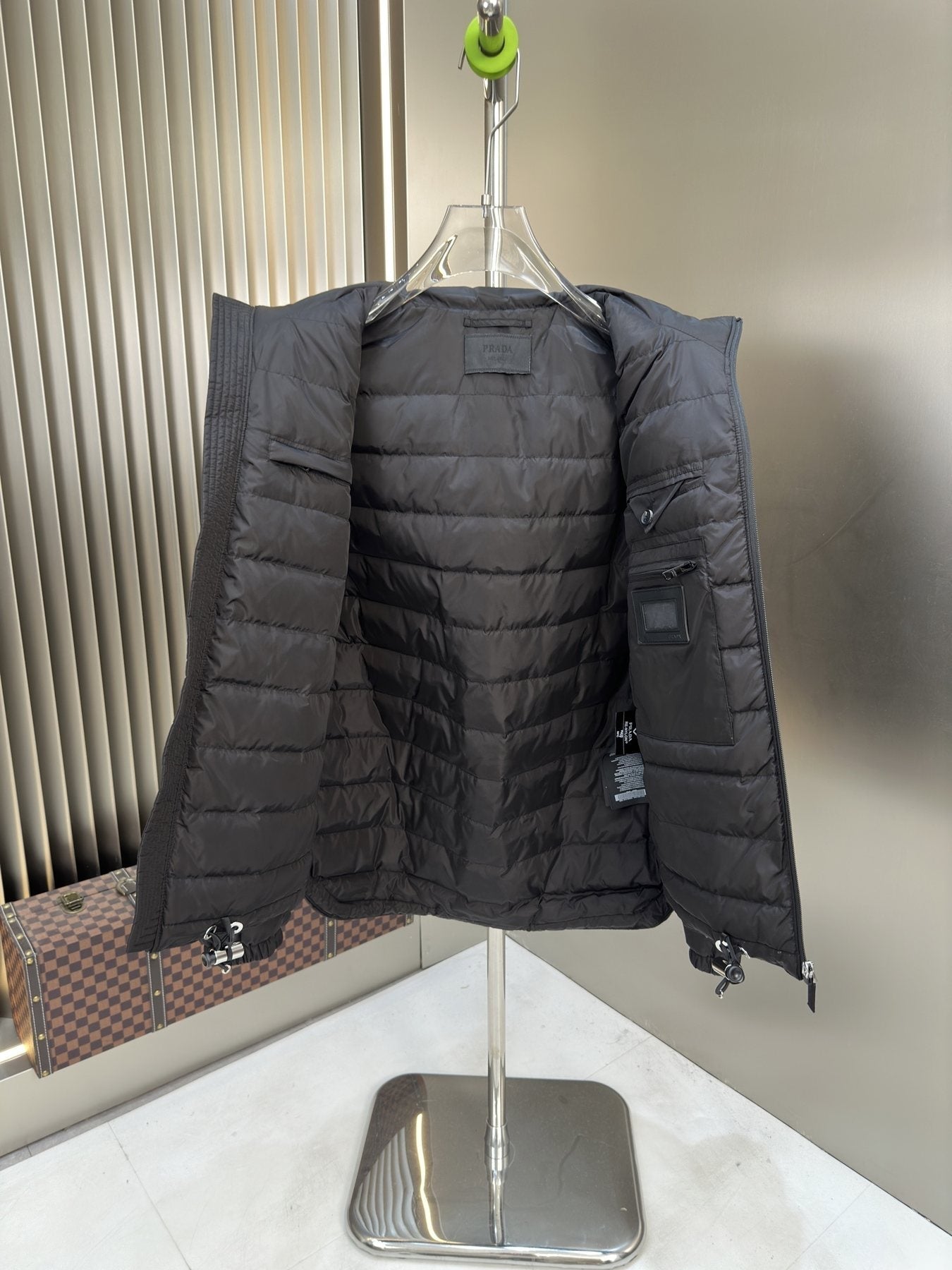 Prada Hooded Puffer Jacket with Triangle Chest Badge — detail