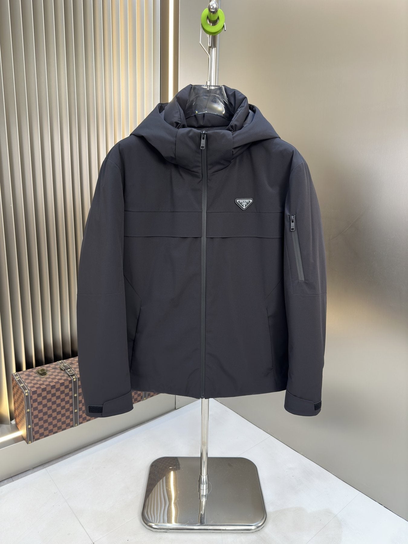 Prada Hooded Puffer Jacket with Triangle Chest Badge — hero