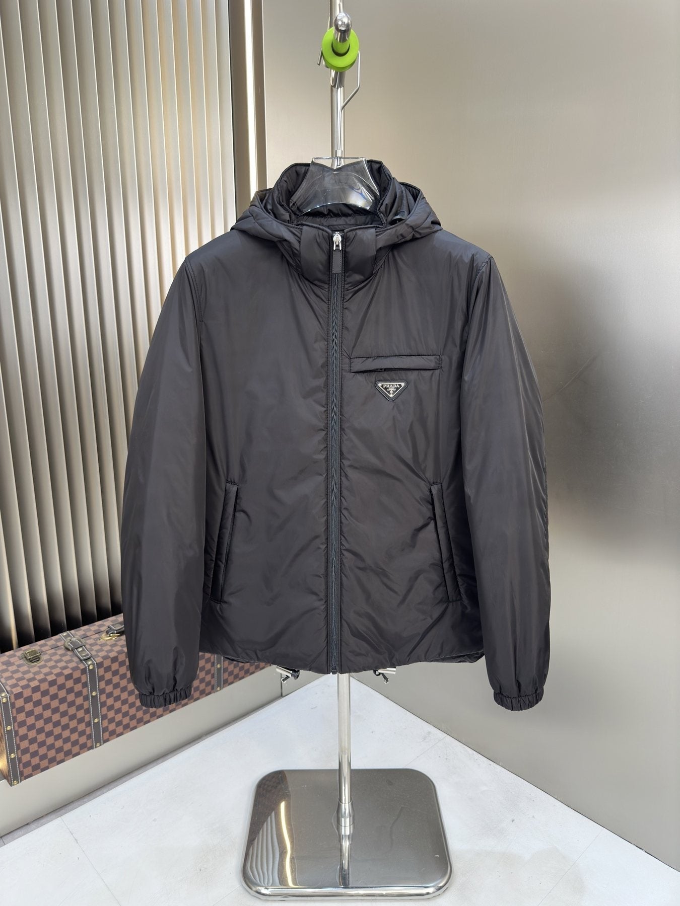 Prada Hooded Puffer Jacket with Triangle Chest Badge — front