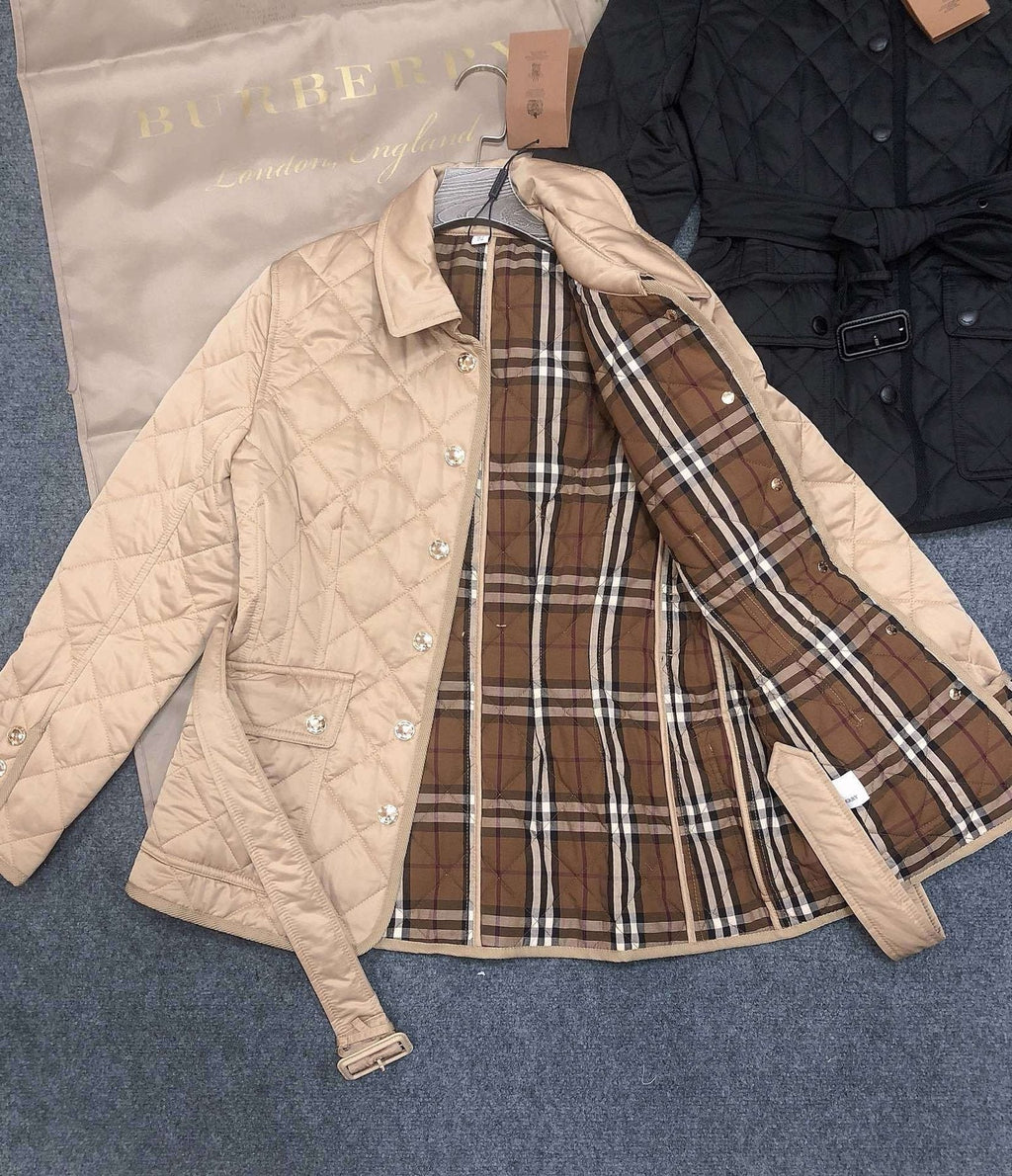 Burberry Belted Diamond-Quilted Jacket — detail