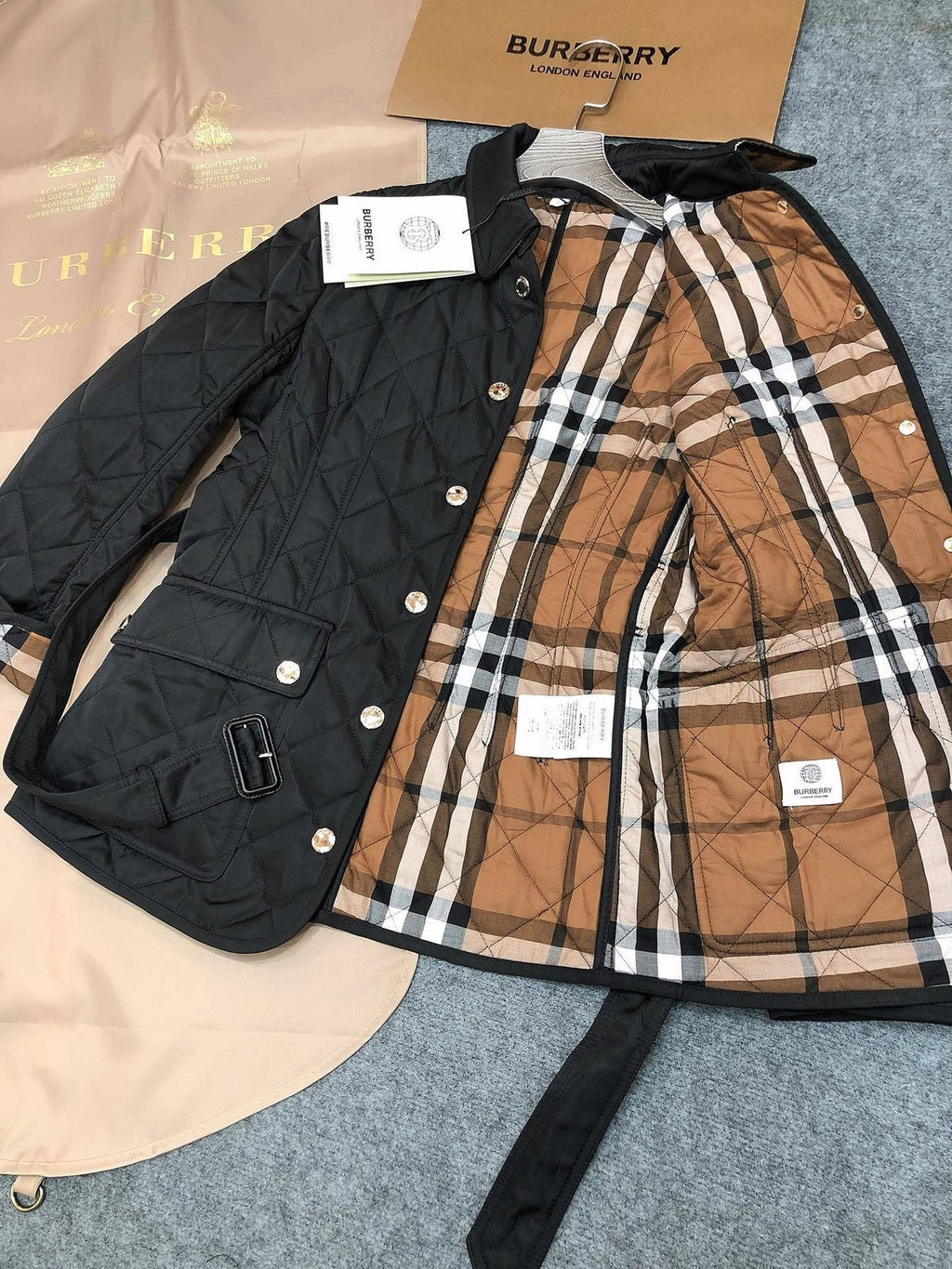 Burberry Belted Diamond-Quilted Jacket — detail