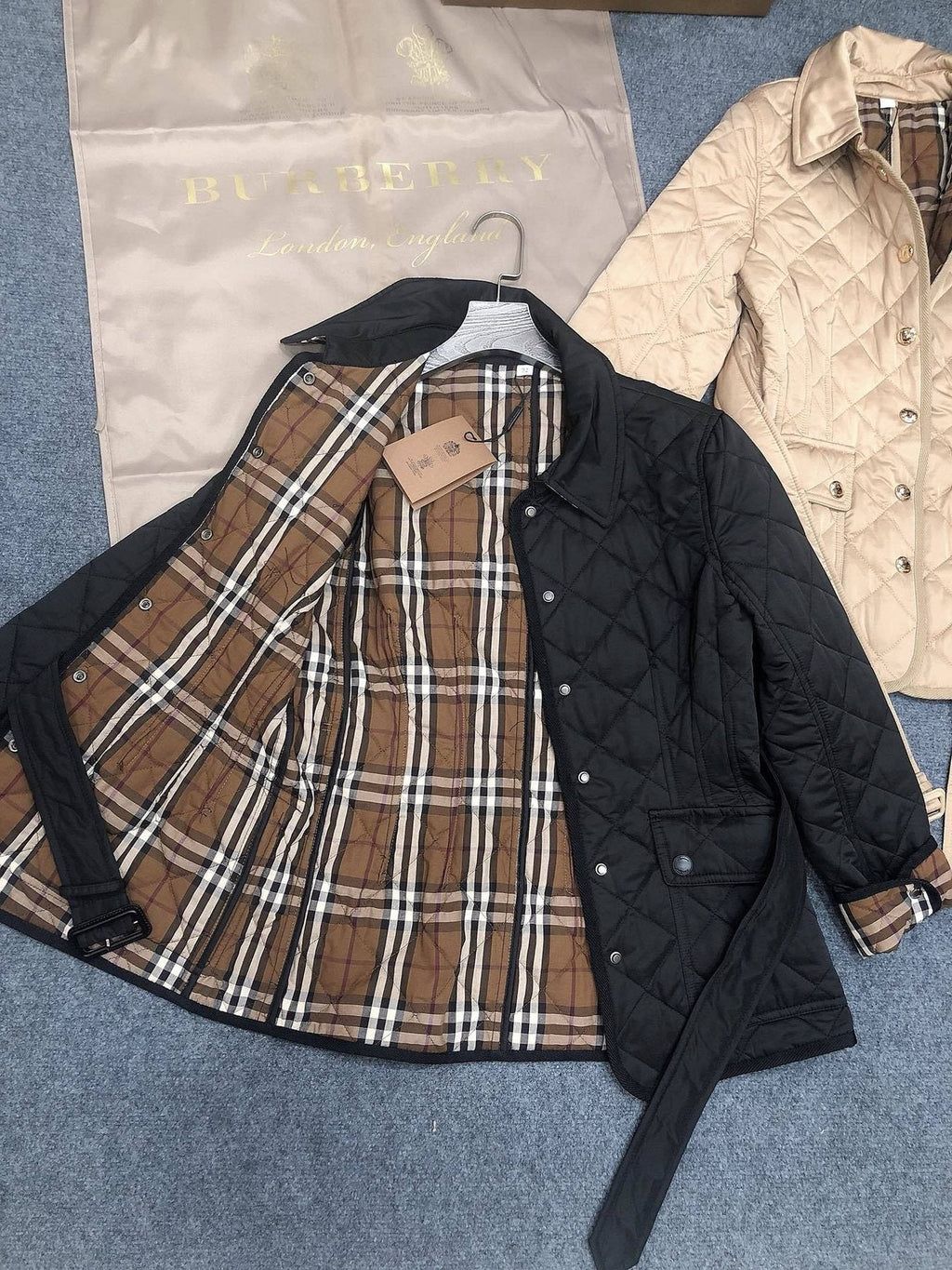 Burberry Belted Diamond-Quilted Jacket — detail