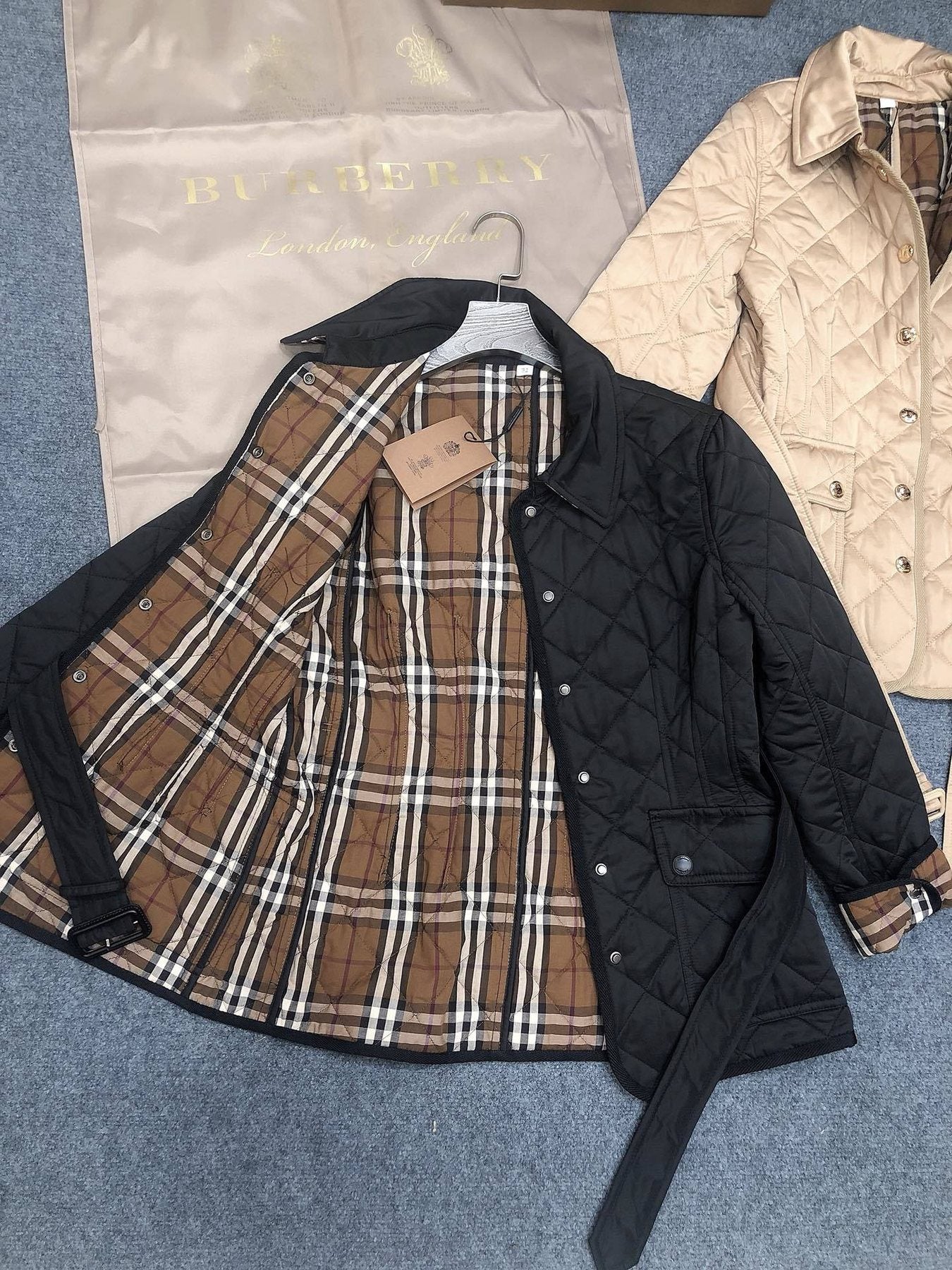 Burberry Belted Diamond-Quilted Jacket — detail