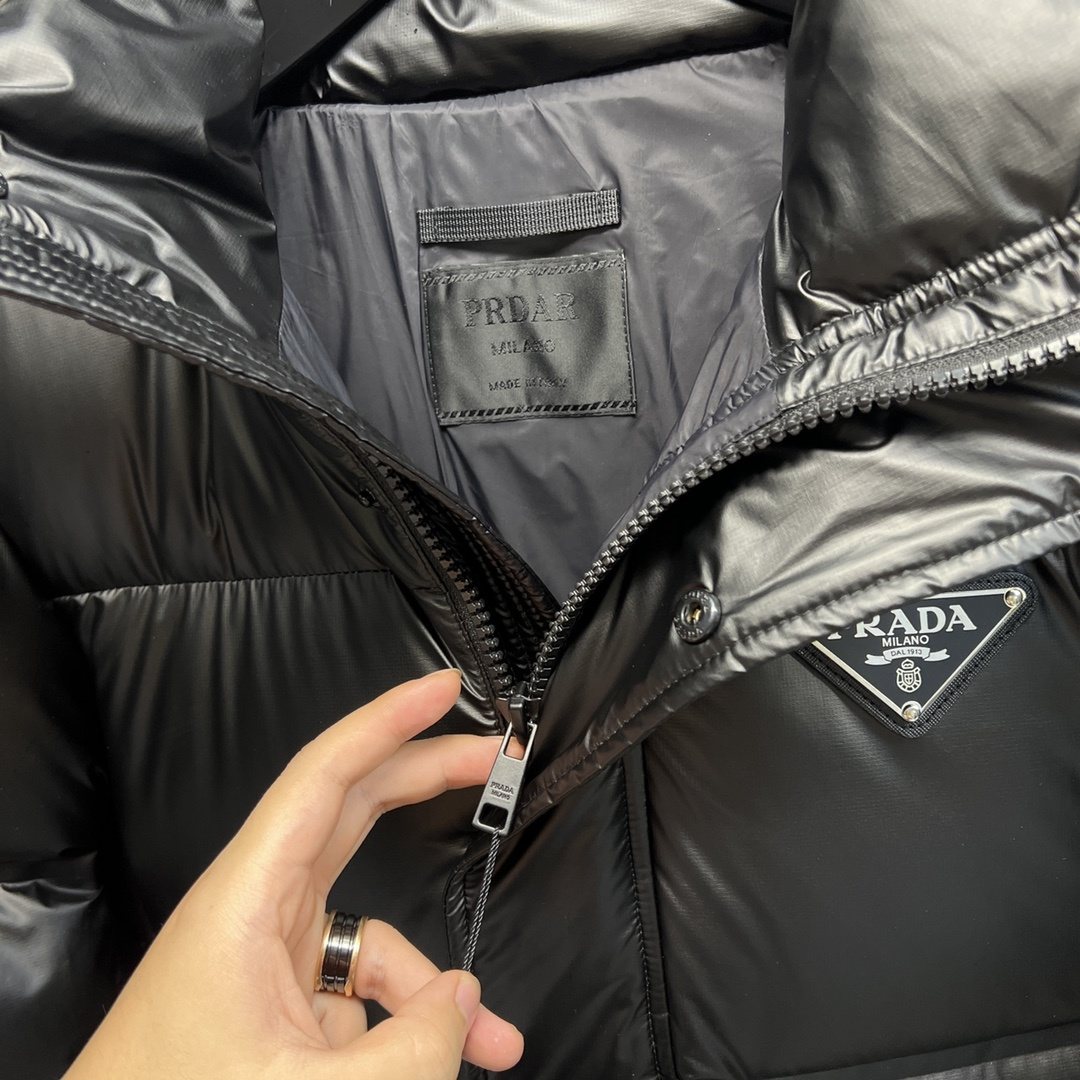 Prada Black Hooded Glossy Quilted Puffer Jacket — neck_label