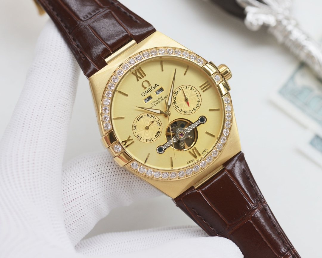 Omega Brown Gold Dial Strap Watch — front
