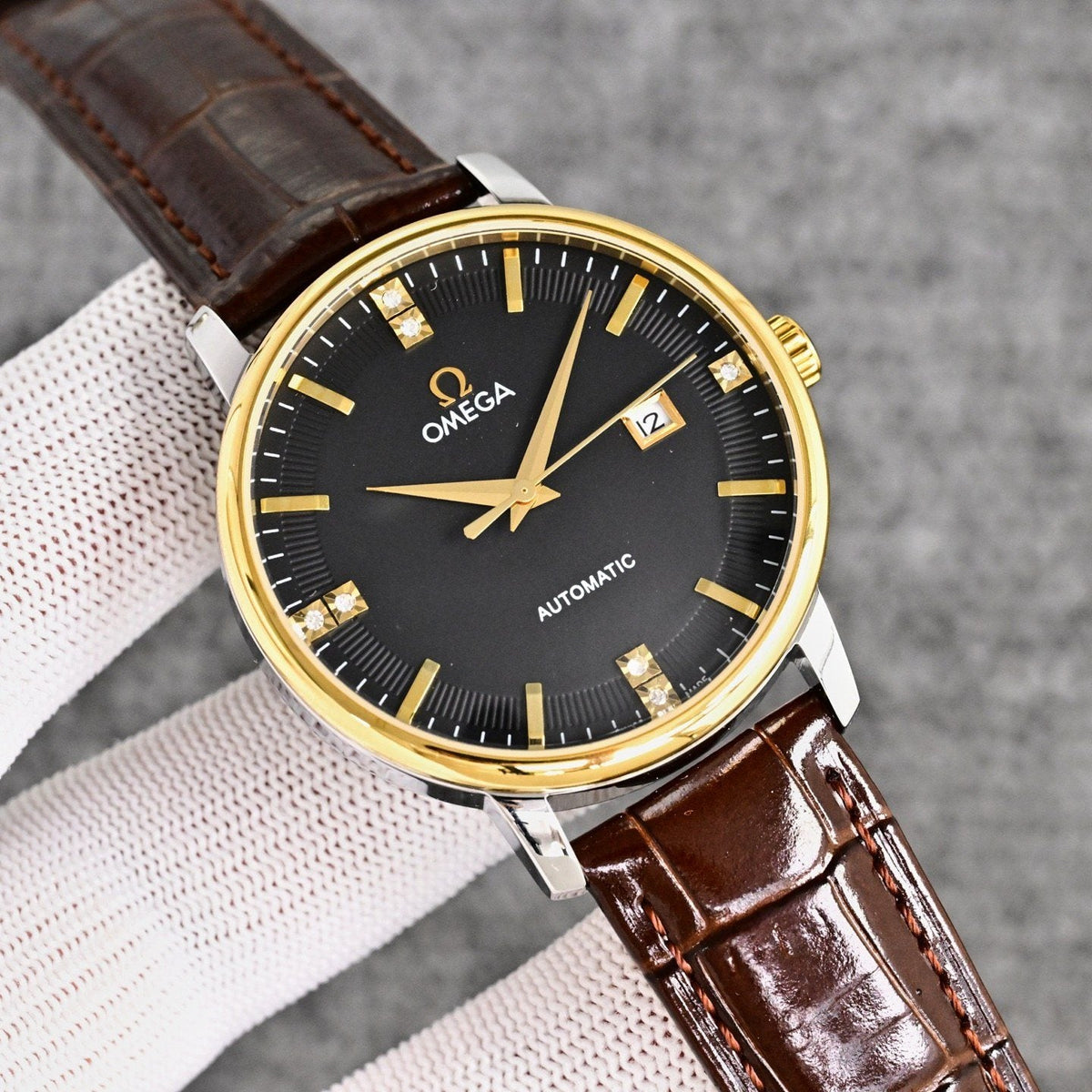 Omega Brown Gold Black Dial Leather Strap Watch — hero