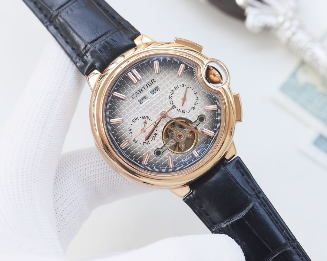 Cartier Rose Gold Black Silver Dial Leather Strap Watch — hero