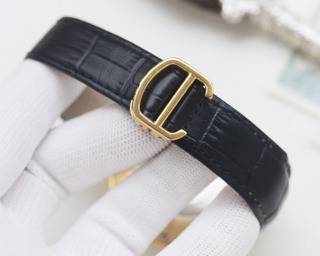 Cartier Gold Black Leather Strap Watch — detail