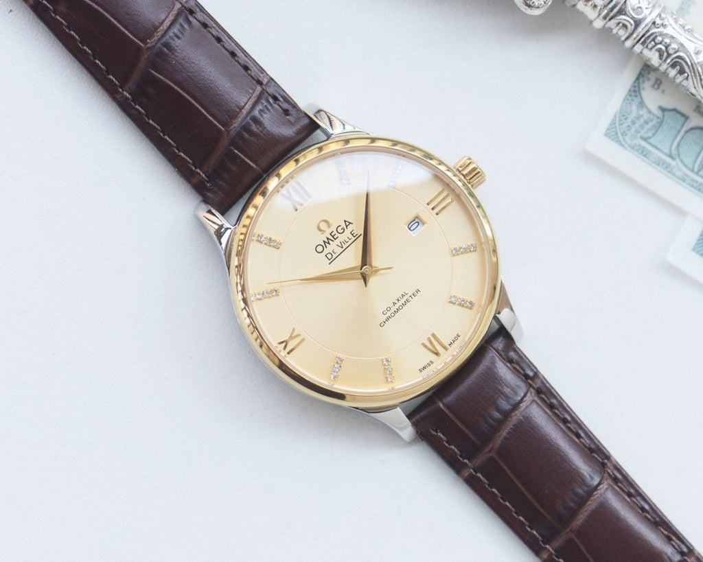 OMEGA Gold Brown Leather Strap Watch — front